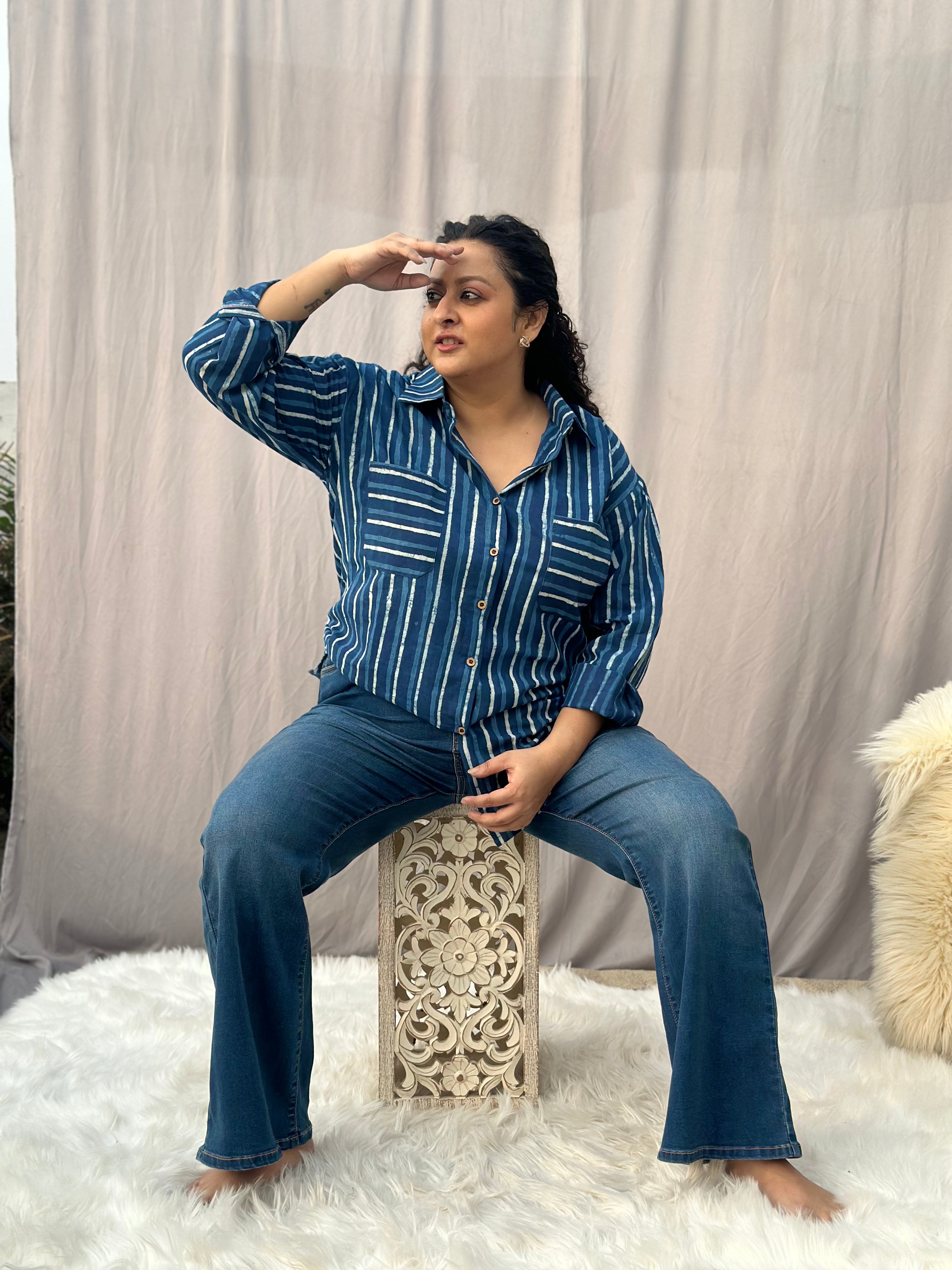 Indigo Dabu Stripe(thick) over-sized Cotton Handblock Print Shirt for Women