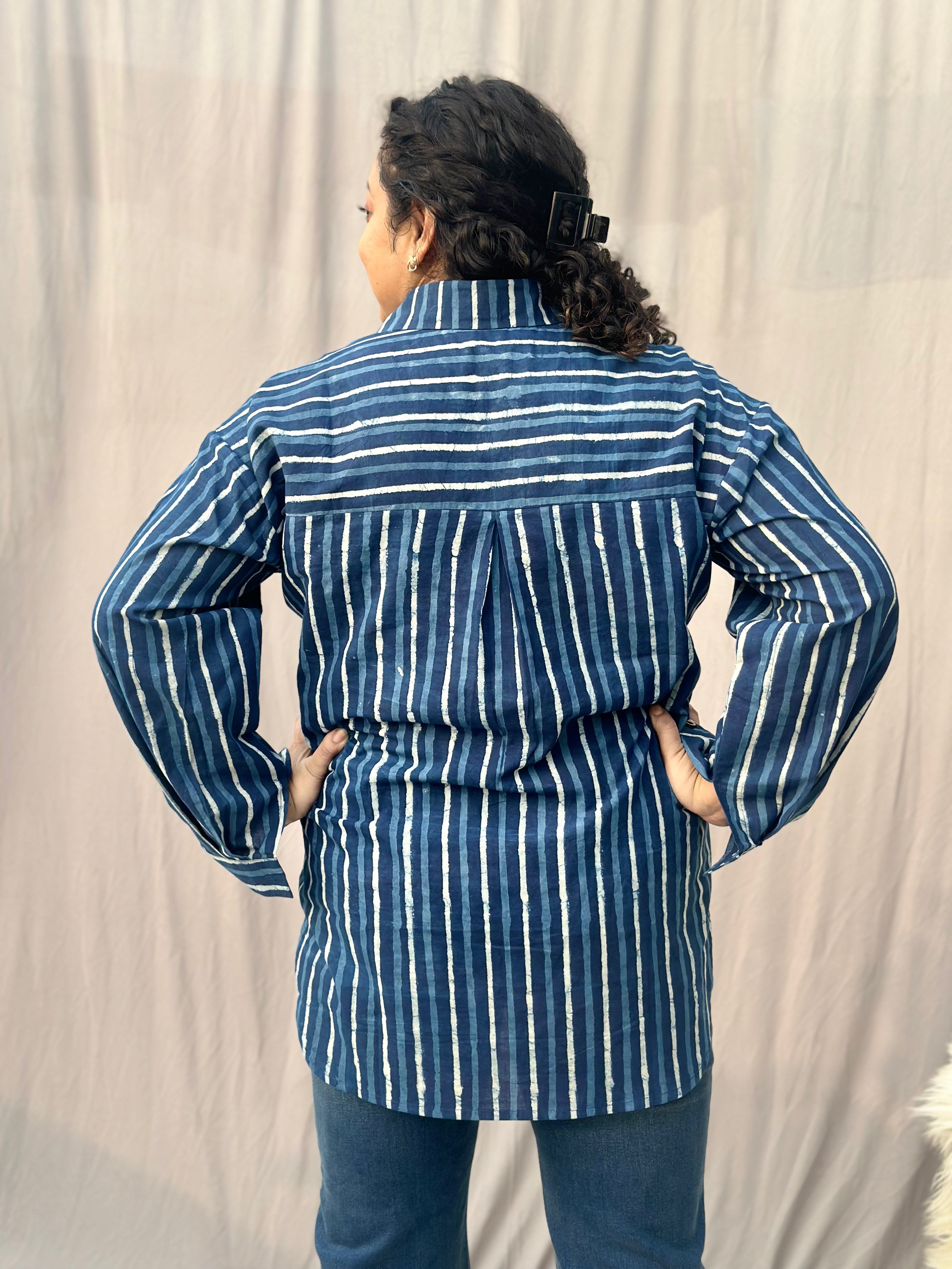 Indigo Dabu Stripe(thick) over-sized Cotton Handblock Print Shirt for Women