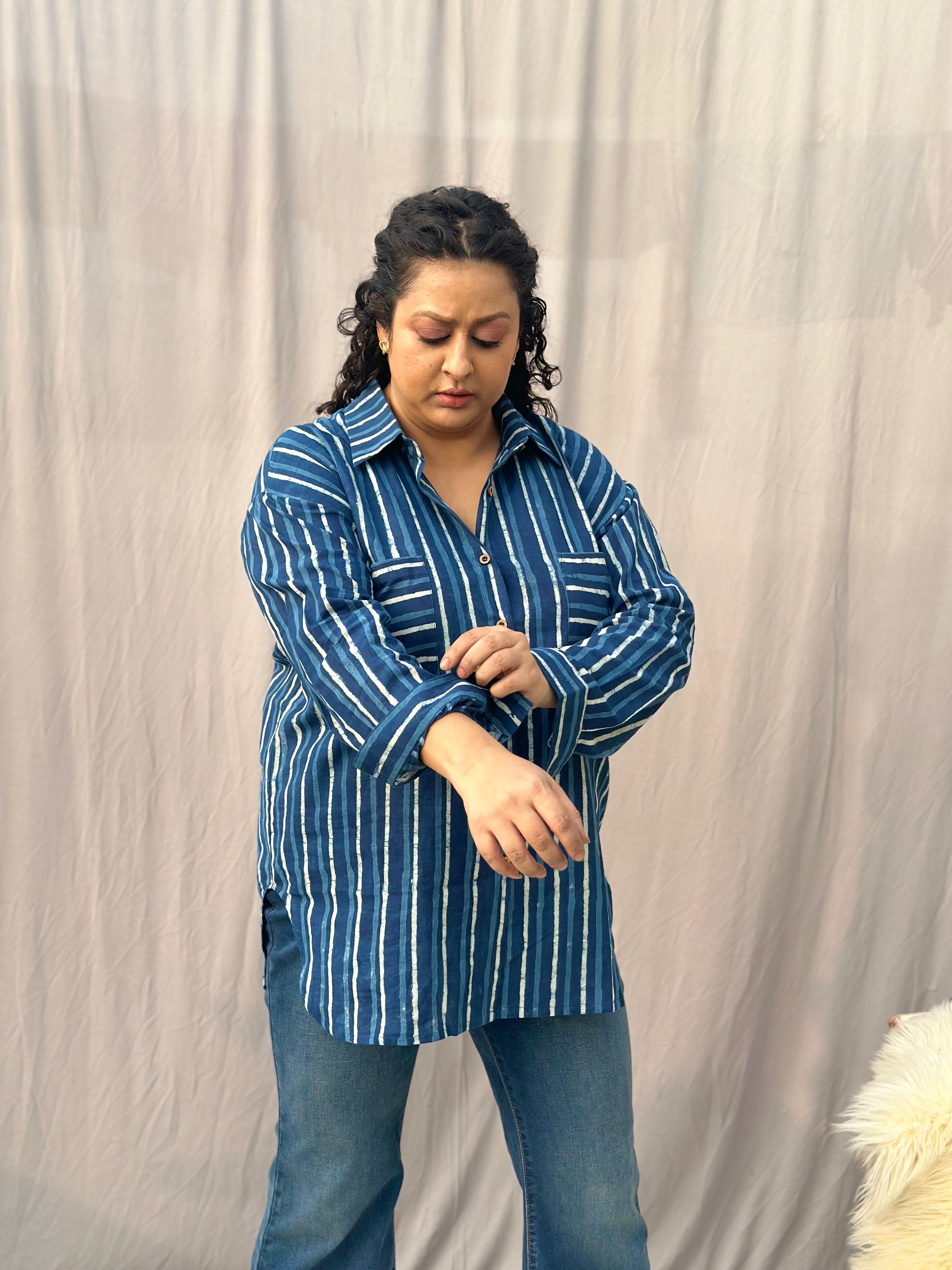 Indigo Dabu Stripe(thick) over-sized Cotton Handblock Print Shirt for Women