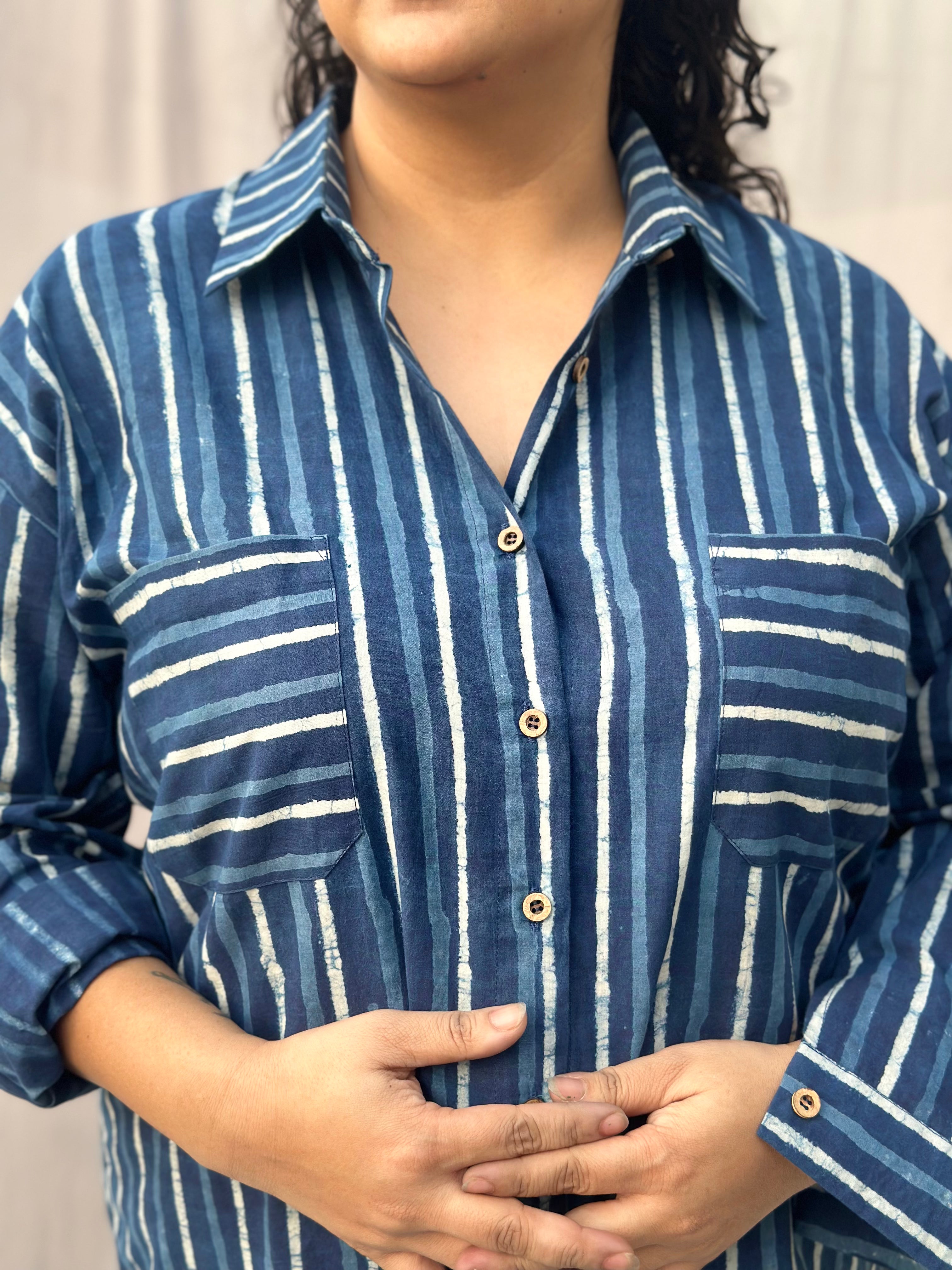 Indigo Dabu Stripe(thick) over-sized Cotton Handblock Print Shirt for Women