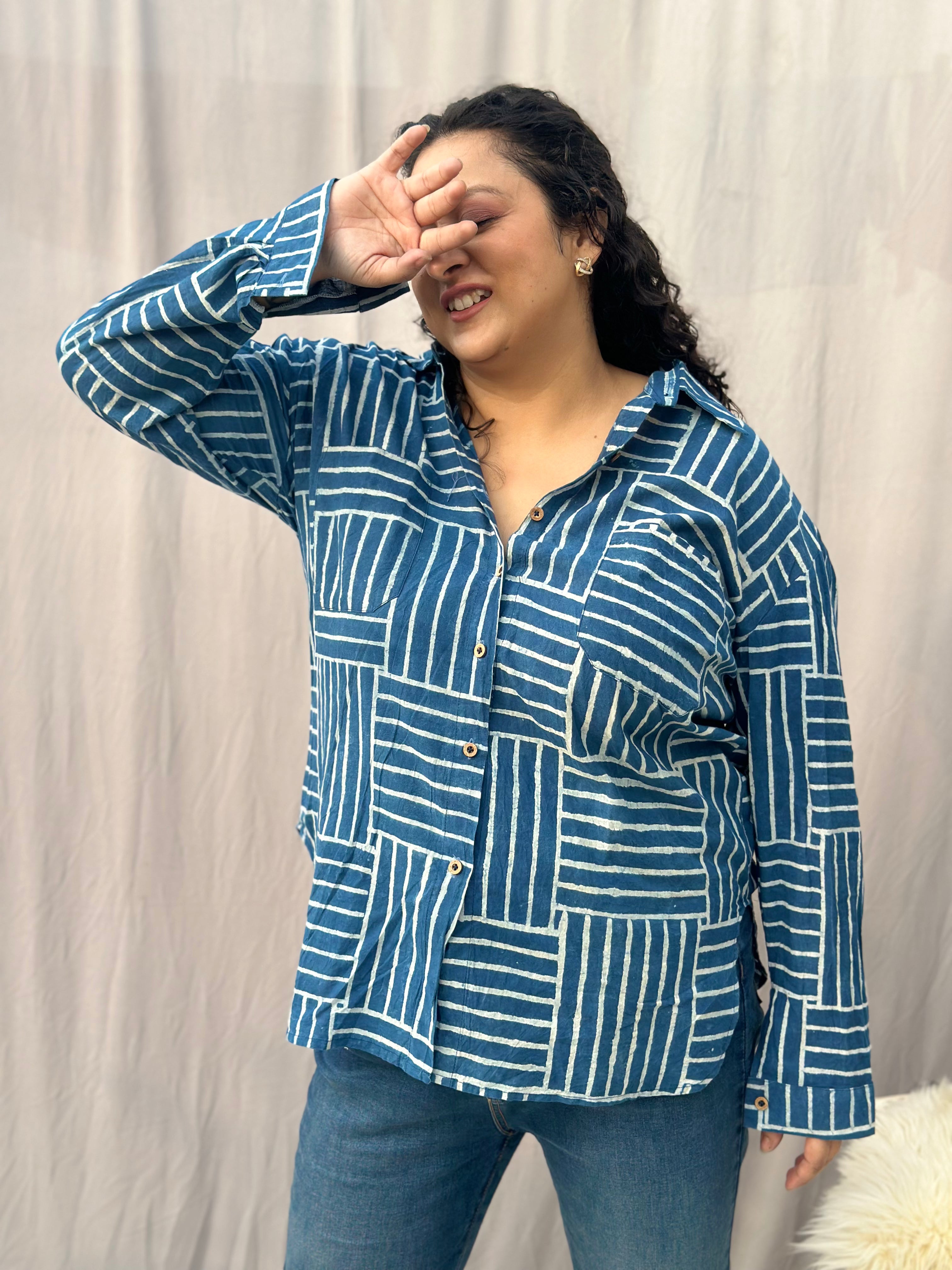 Indigo Dabu Brick Style over-sized Cotton Handblock Print Shirt for Women