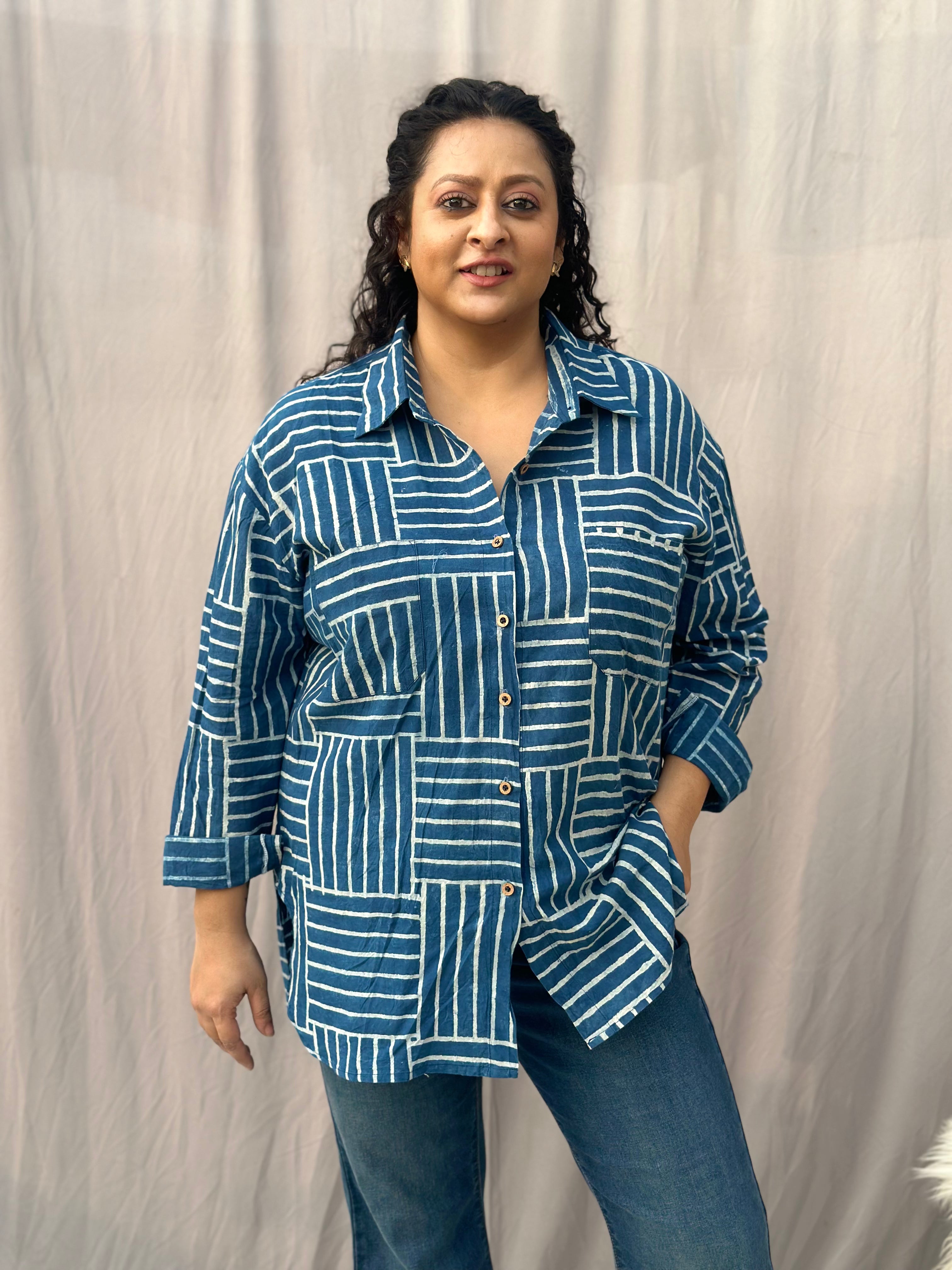 Indigo Dabu Brick Style over-sized Cotton Handblock Print Shirt for Women