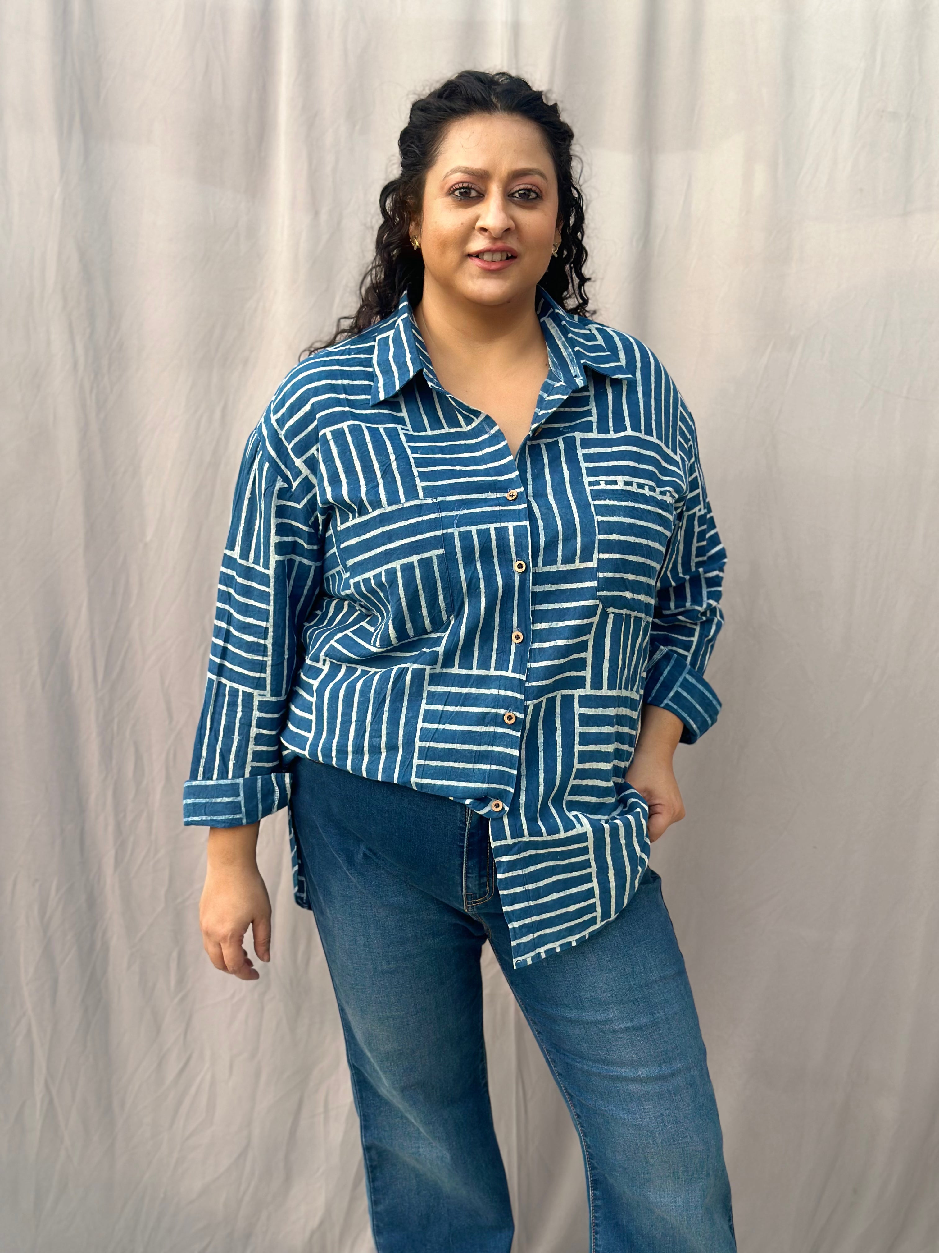 Indigo Dabu Brick Style over-sized Cotton Handblock Print Shirt for Women