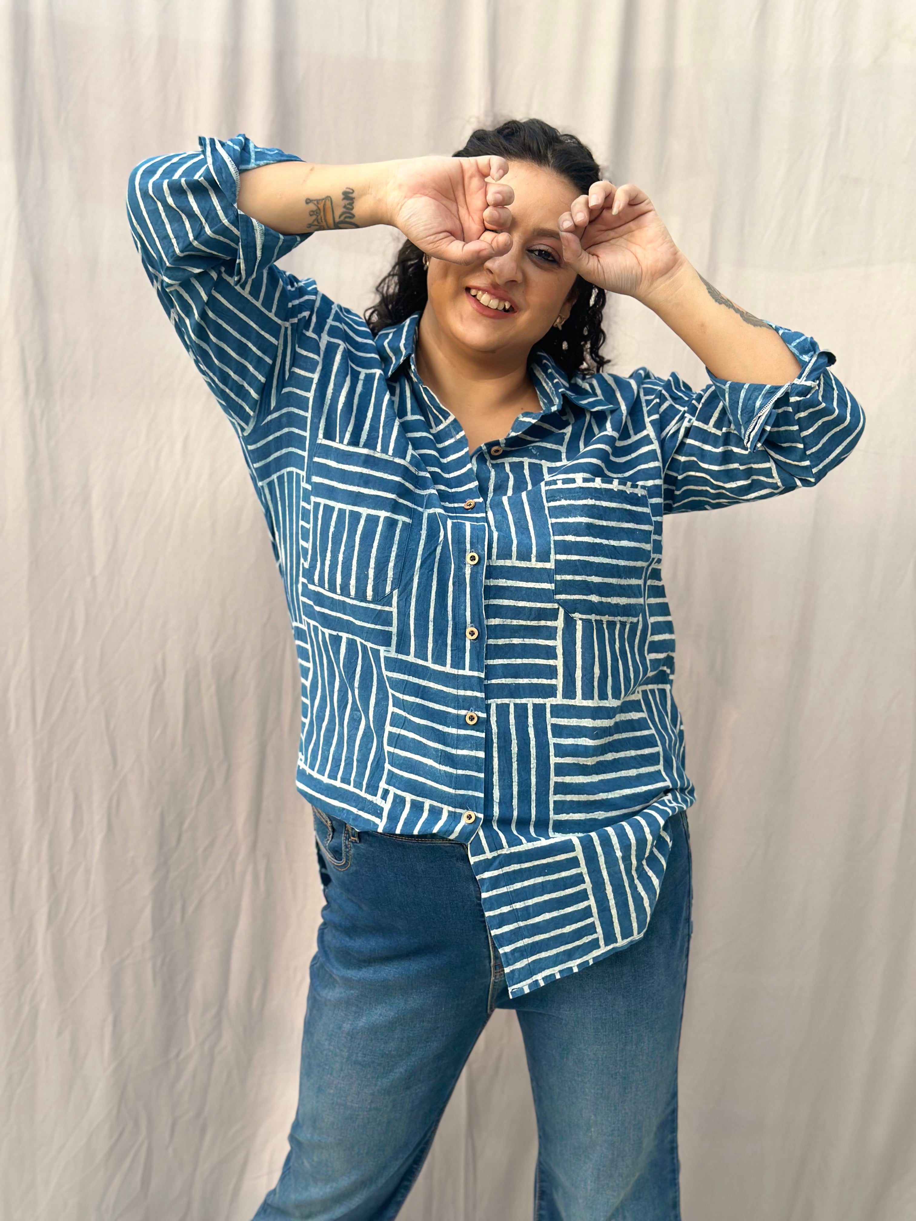 Indigo Dabu Brick Style over-sized Cotton Handblock Print Shirt for Women