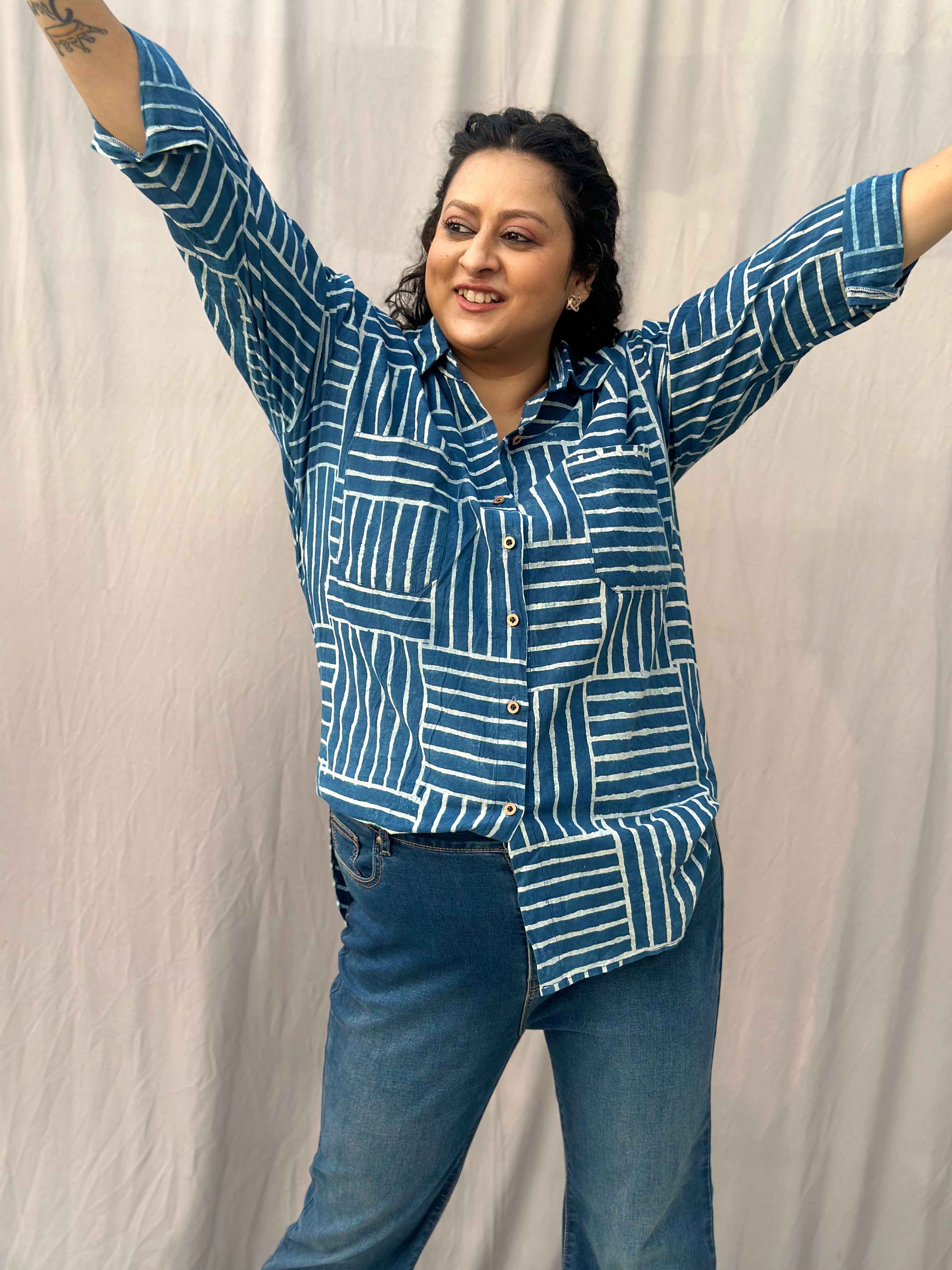 Indigo Dabu Brick Style over-sized Cotton Handblock Print Shirt for Women
