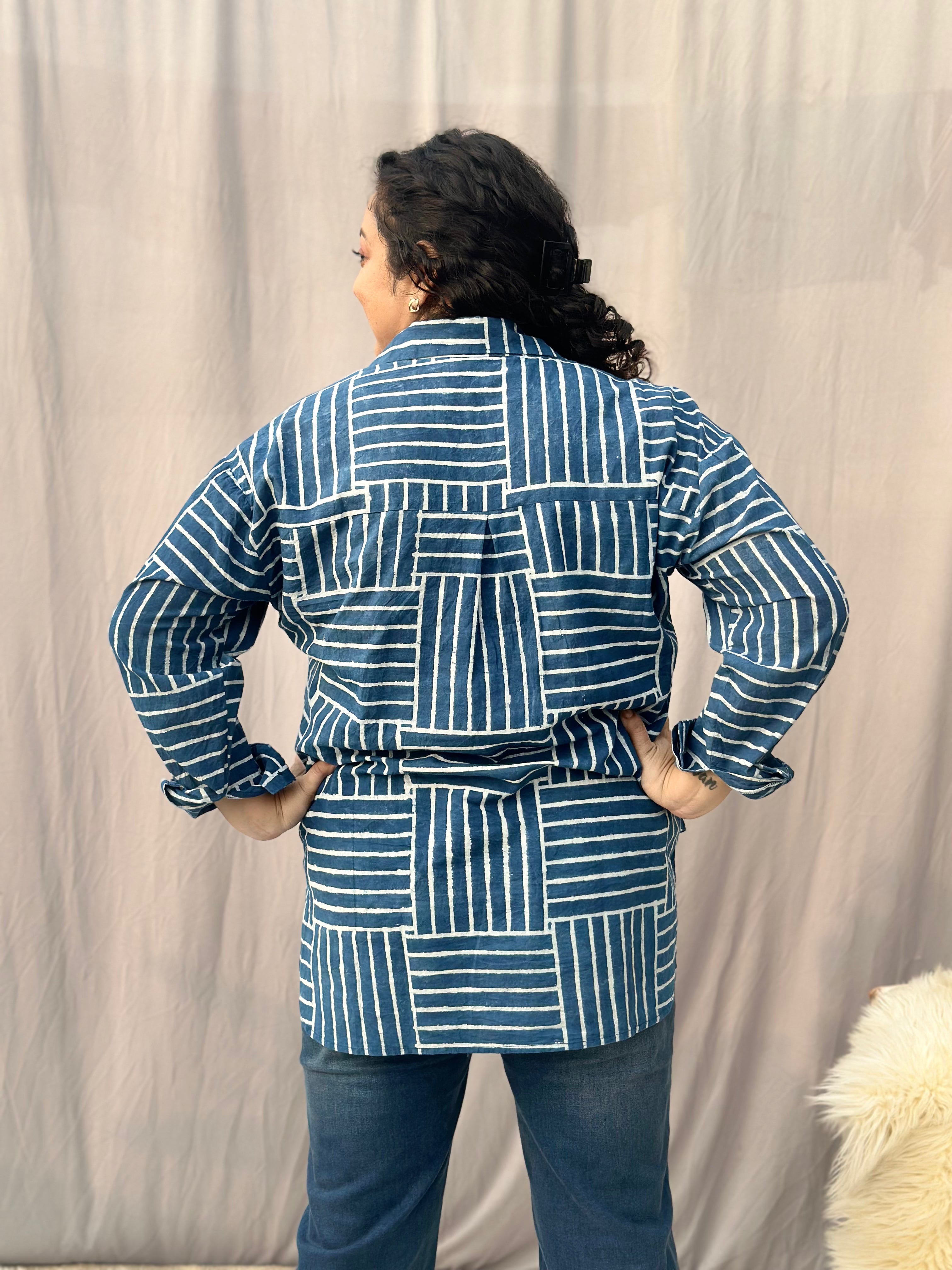 Indigo Dabu Brick Style over-sized Cotton Handblock Print Shirt for Women