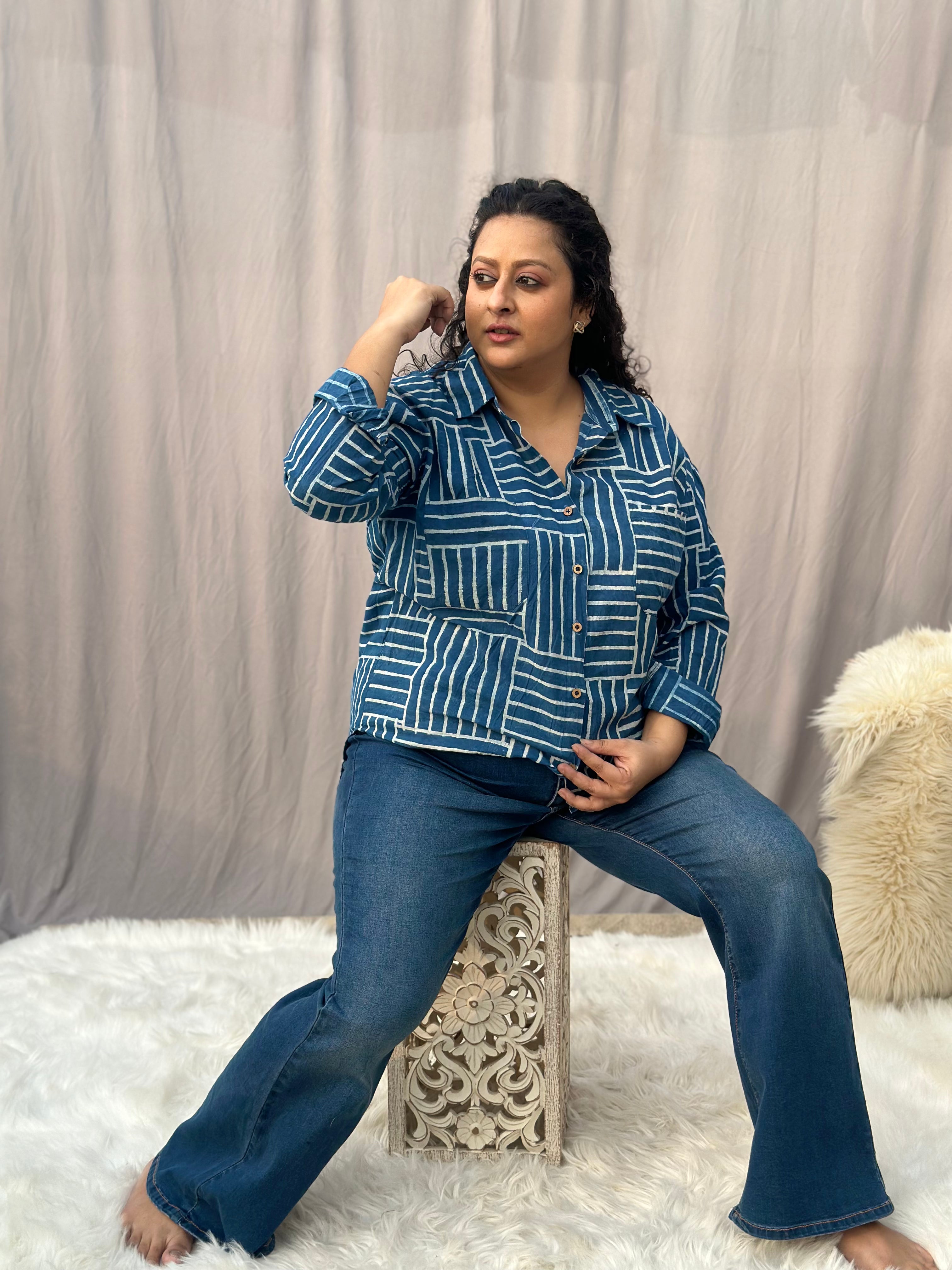 Indigo Dabu Brick Style over-sized Cotton Handblock Print Shirt for Women