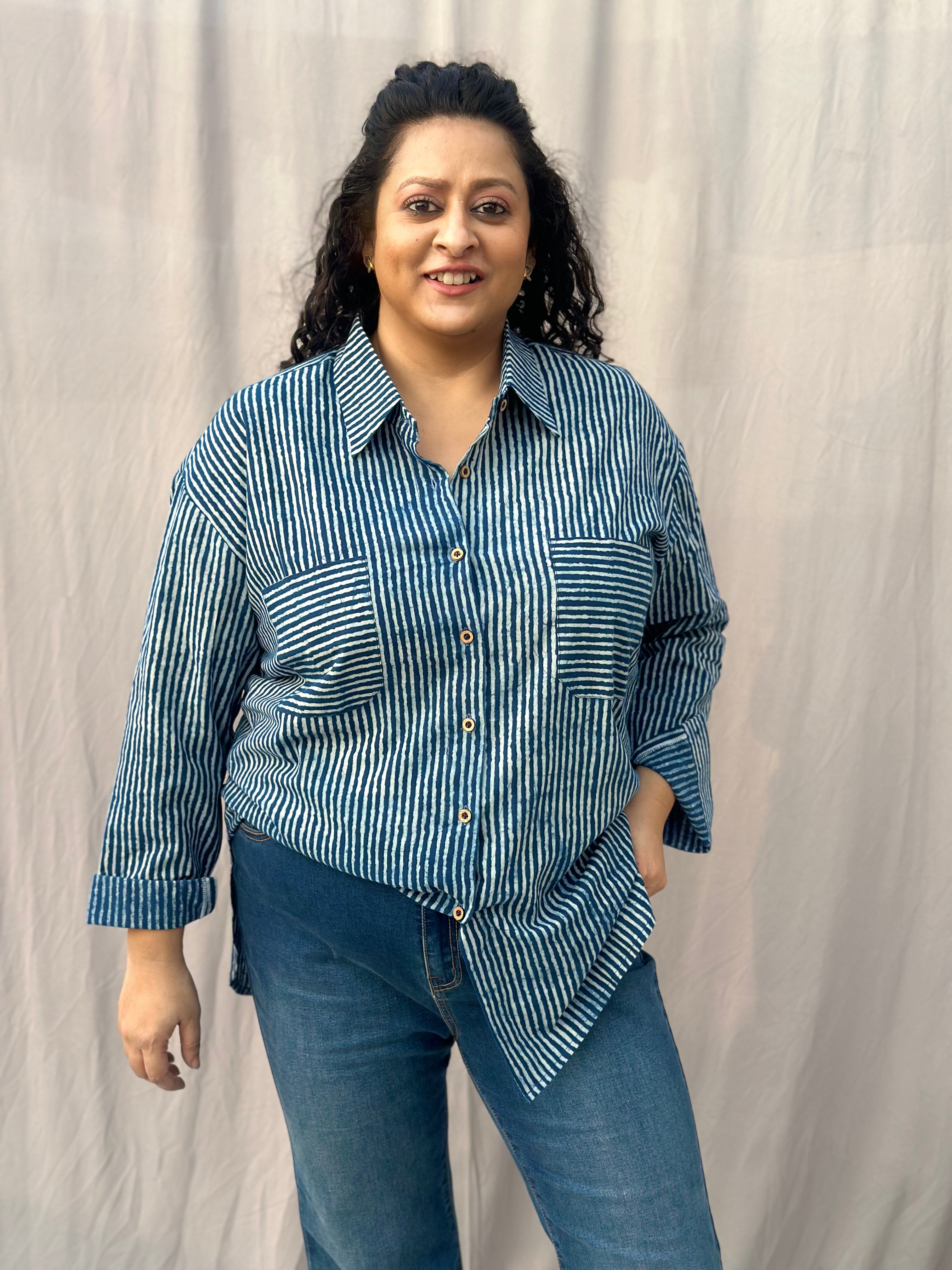 Indigo Dabu Stripe(thin) Over-sized Cotton Handblock Print Shirt for Women