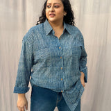 Indigo Dabu Stripe(thin) Over-sized Cotton Handblock Print Shirt for Women
