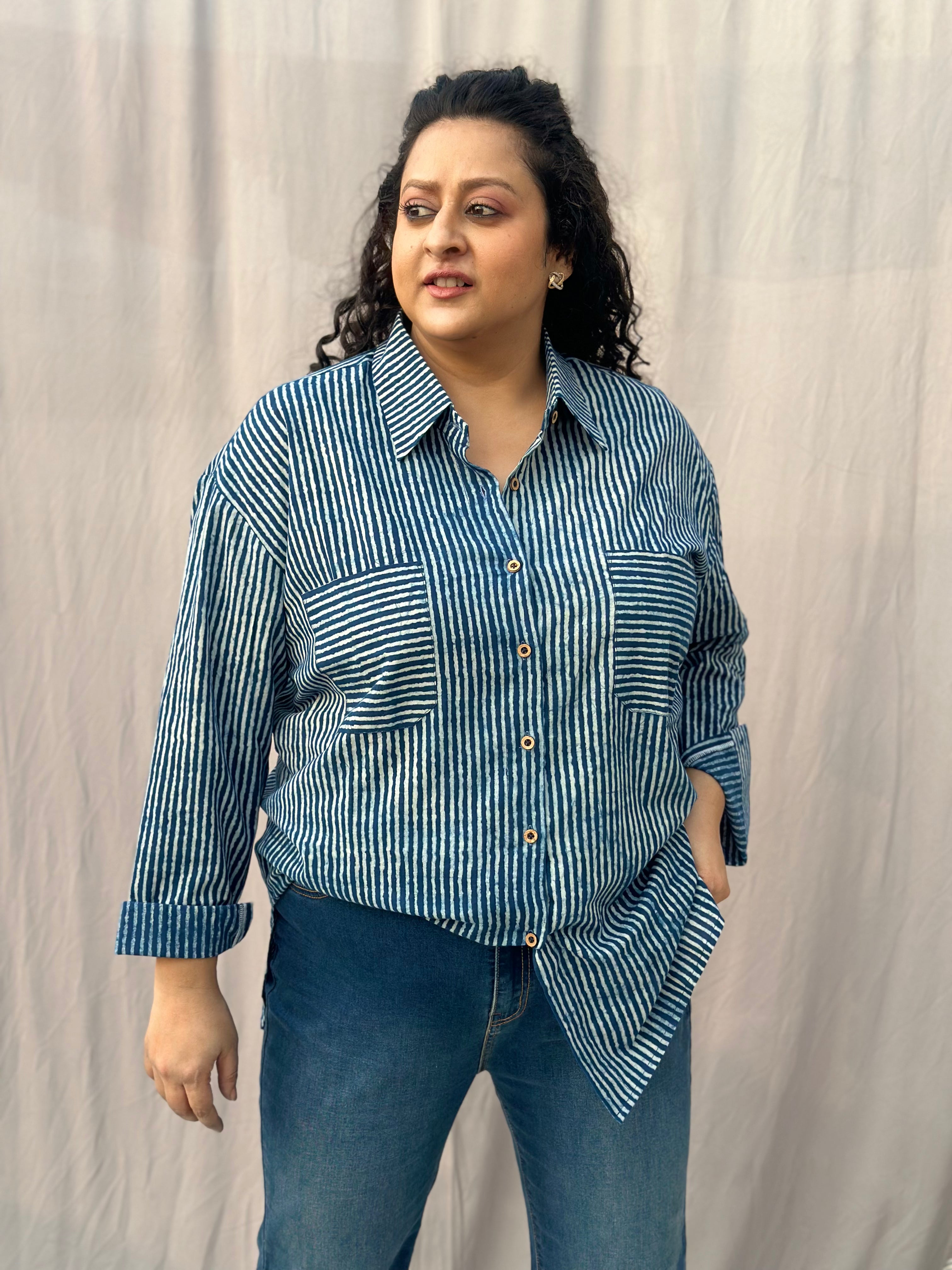 Indigo Dabu Stripe(thin) Over-sized Cotton Handblock Print Shirt for Women