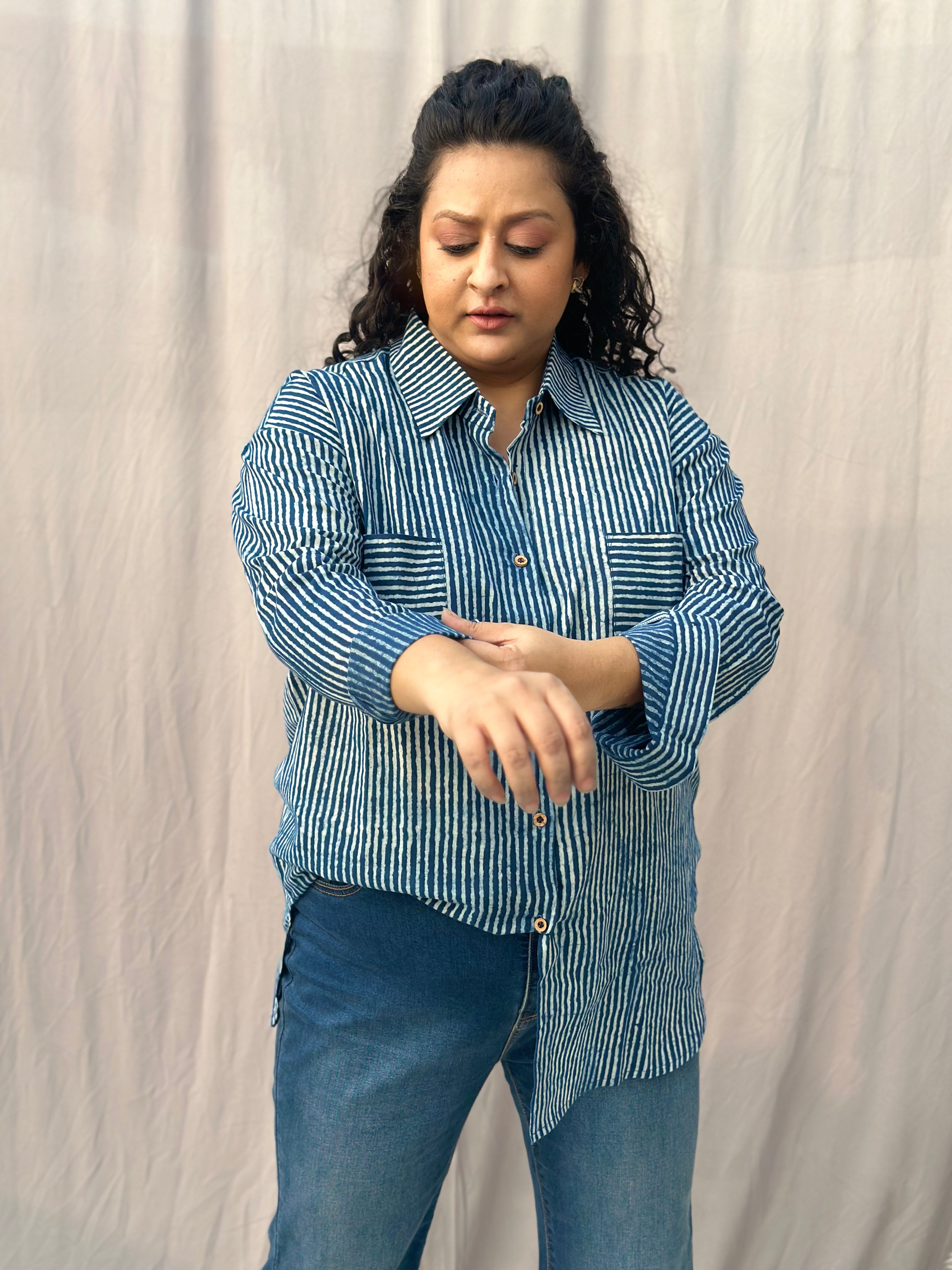 Indigo Dabu Stripe(thin) Over-sized Cotton Handblock Print Shirt for Women