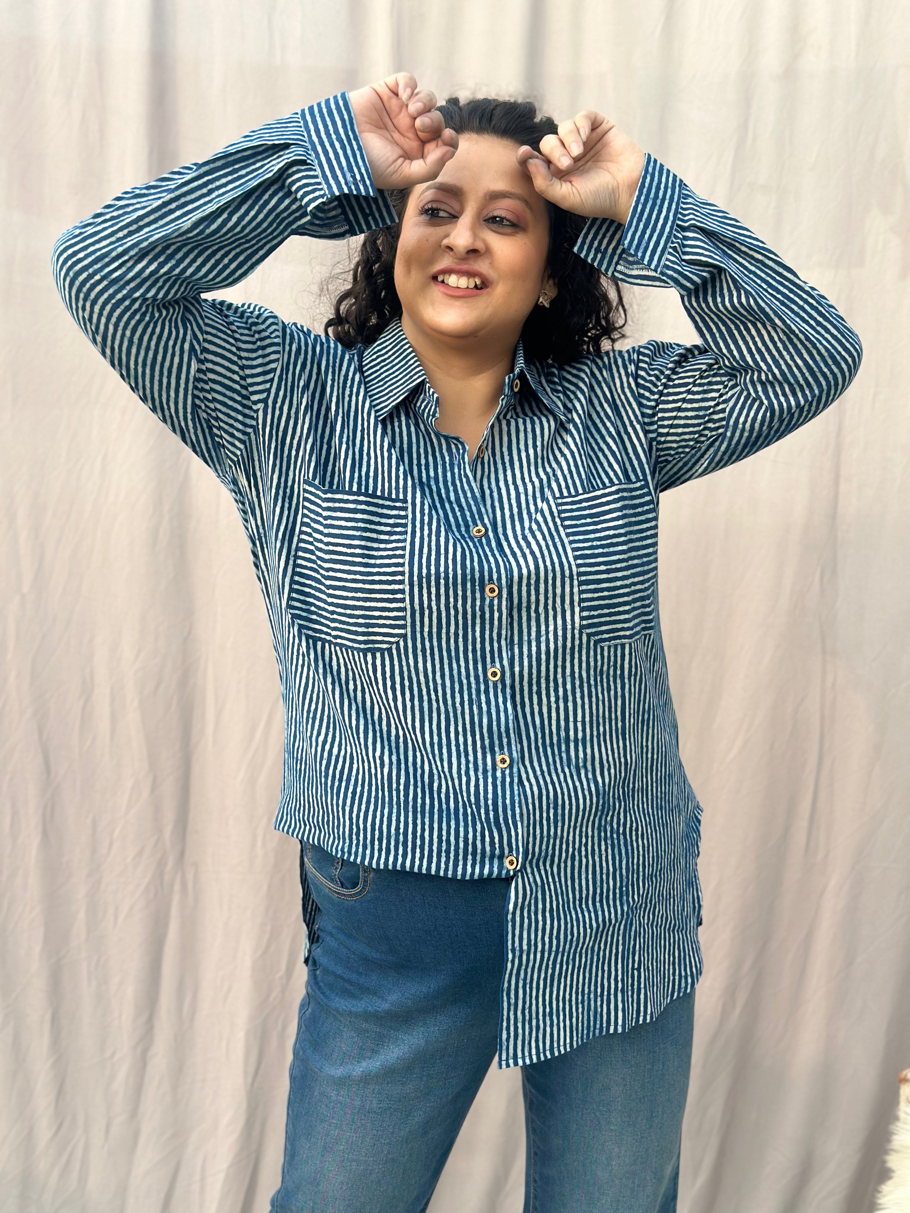 Indigo Dabu Stripe(thin) Over-sized Cotton Handblock Print Shirt for Women