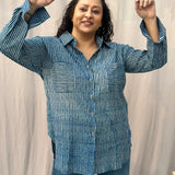 Indigo Dabu Stripe(thin) Over-sized Cotton Handblock Print Shirt for Women
