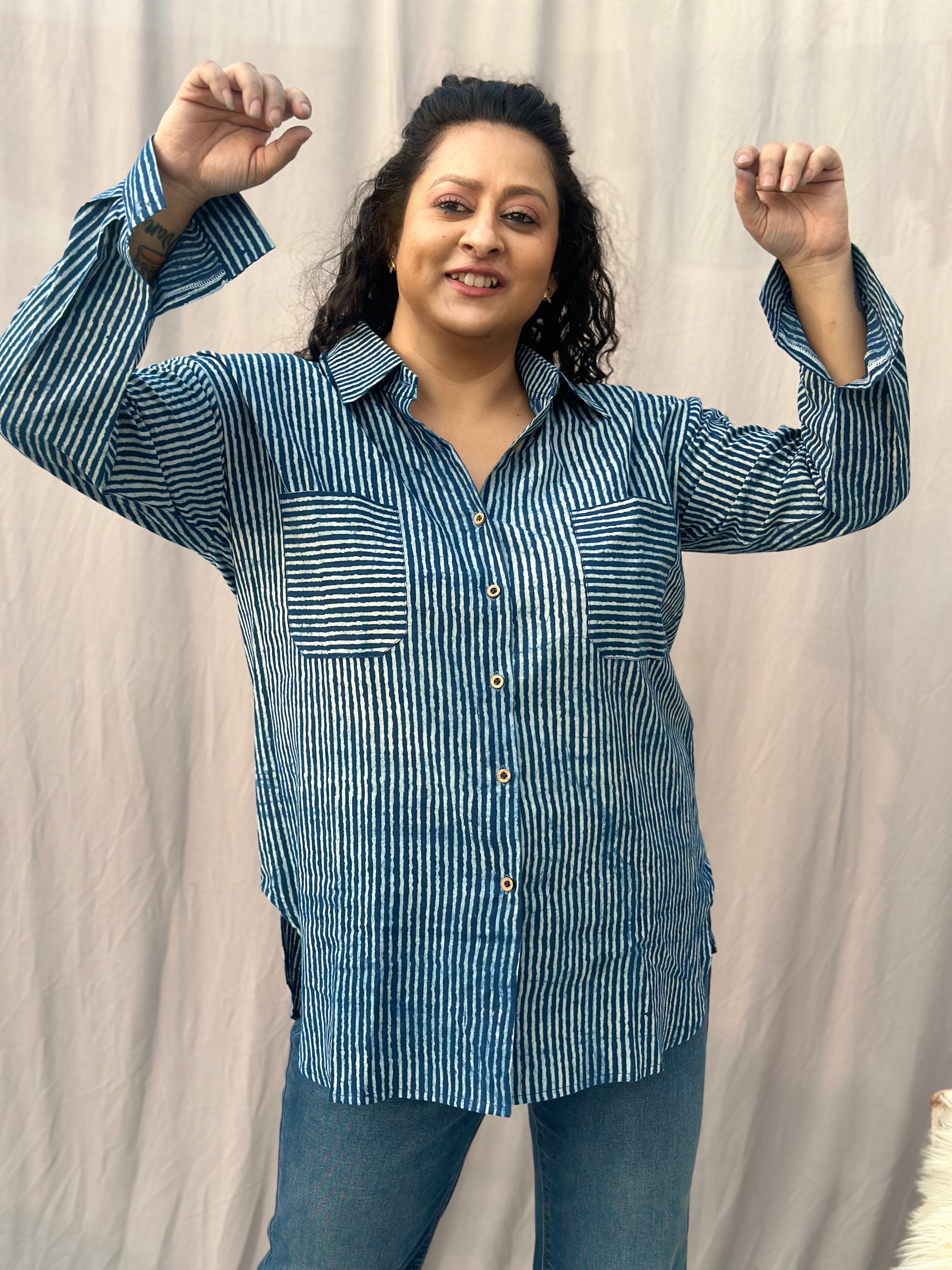 Indigo Dabu Stripe(thin) Over-sized Cotton Handblock Print Shirt for Women