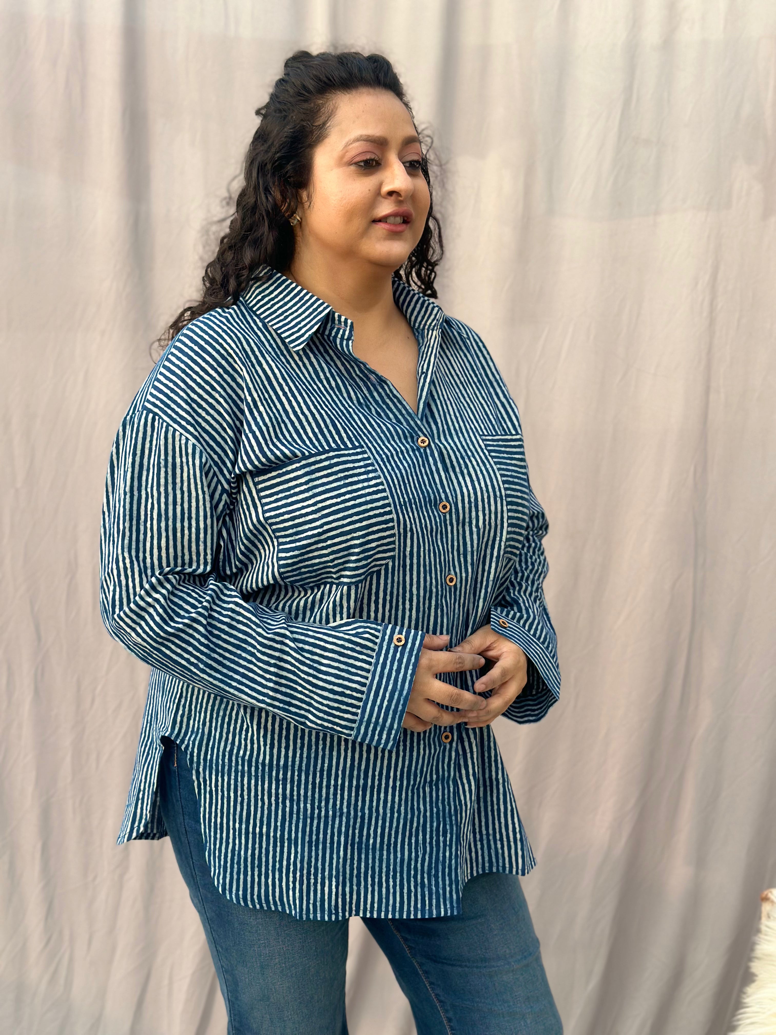 Indigo Dabu Stripe(thin) Over-sized Cotton Handblock Print Shirt for Women