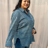 Indigo Dabu Stripe(thin) Over-sized Cotton Handblock Print Shirt for Women
