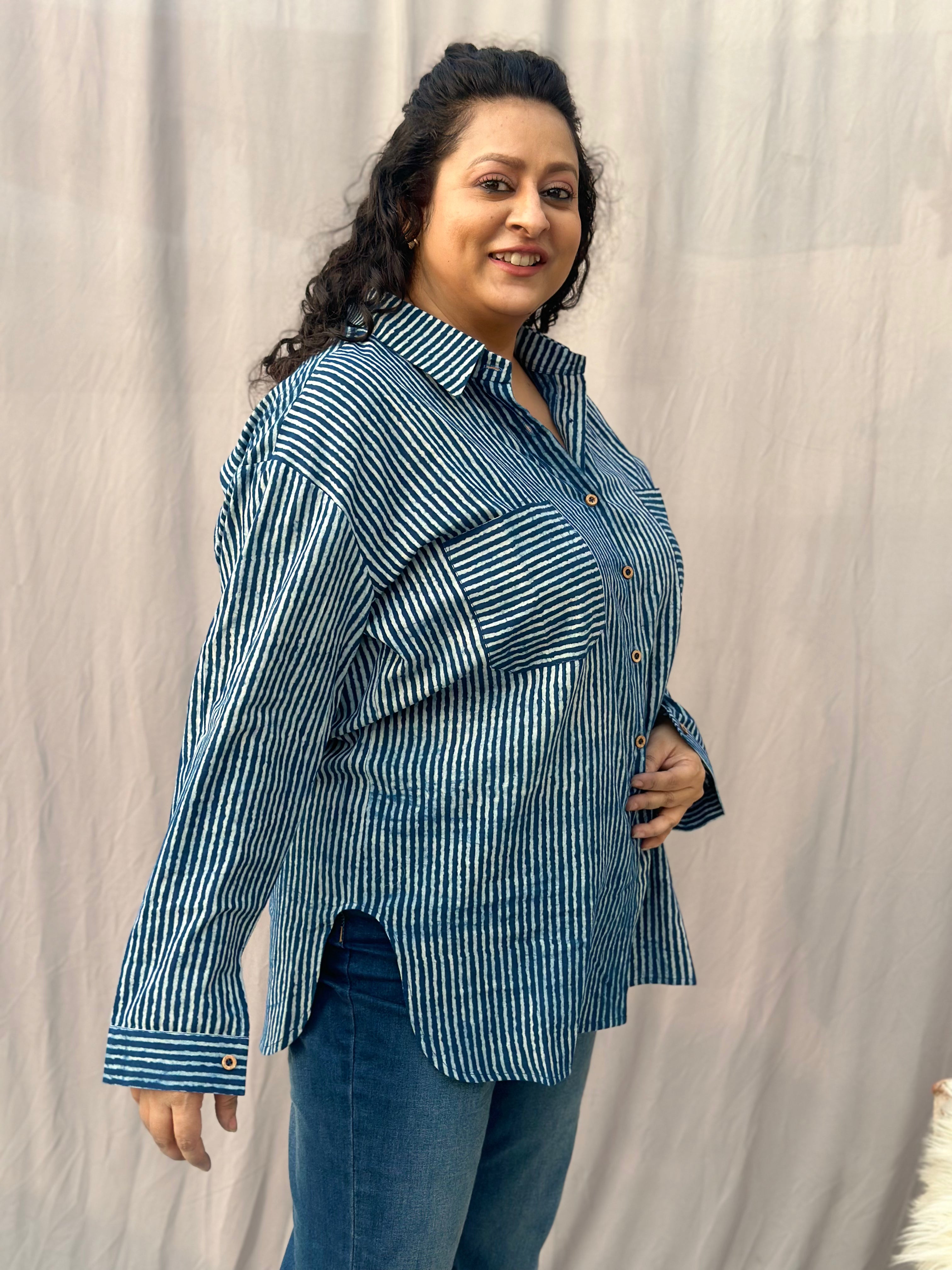 Indigo Dabu Stripe(thin) Over-sized Cotton Handblock Print Shirt for Women