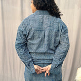 Indigo Dabu Stripe(thin) Over-sized Cotton Handblock Print Shirt for Women