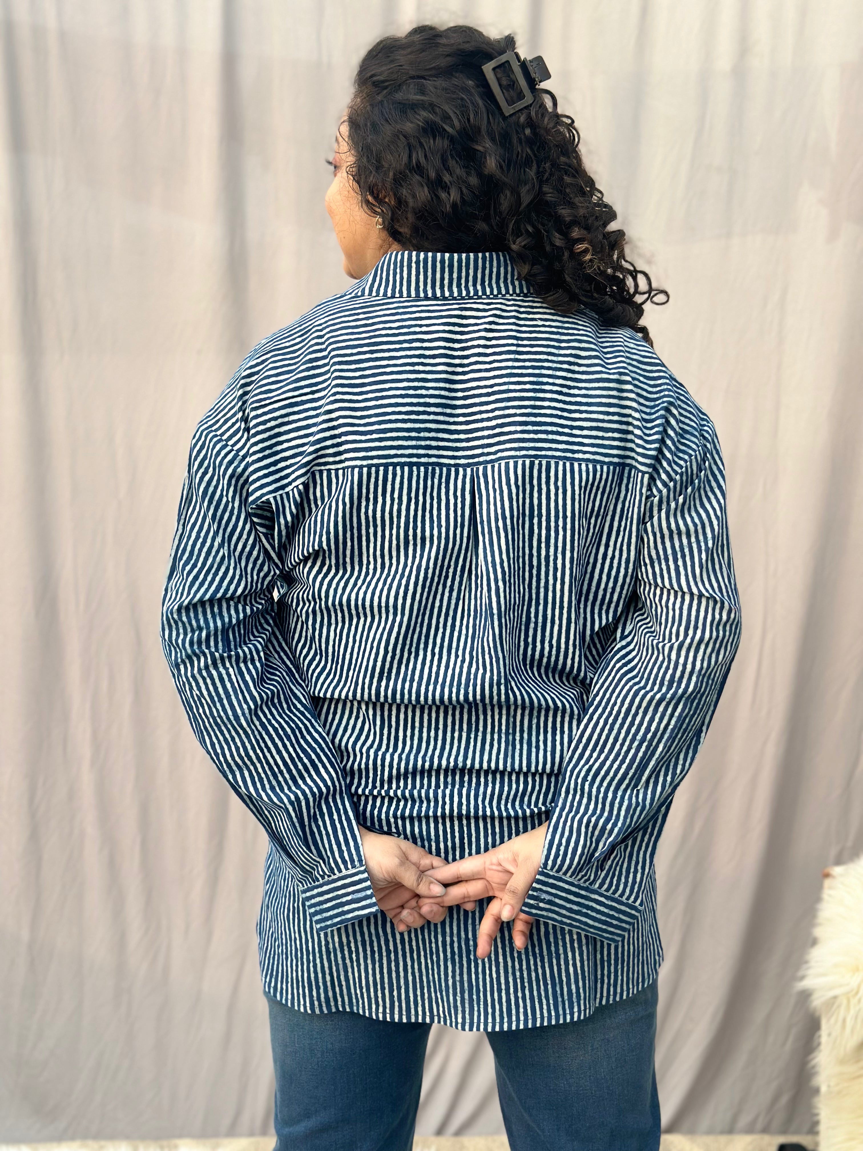 Indigo Dabu Stripe(thin) Over-sized Cotton Handblock Print Shirt for Women