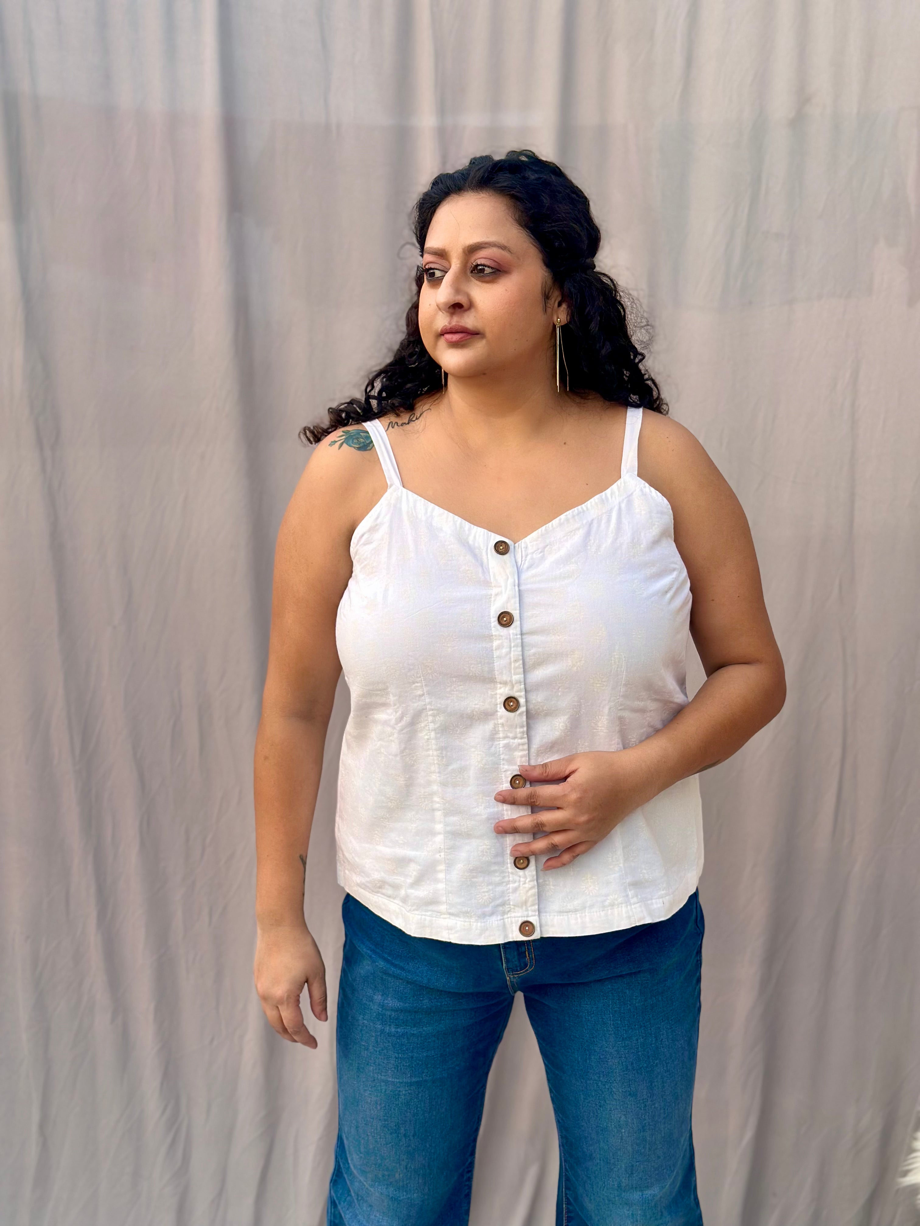 White Hand block Noodle Spaghetti Strap Cotton Top