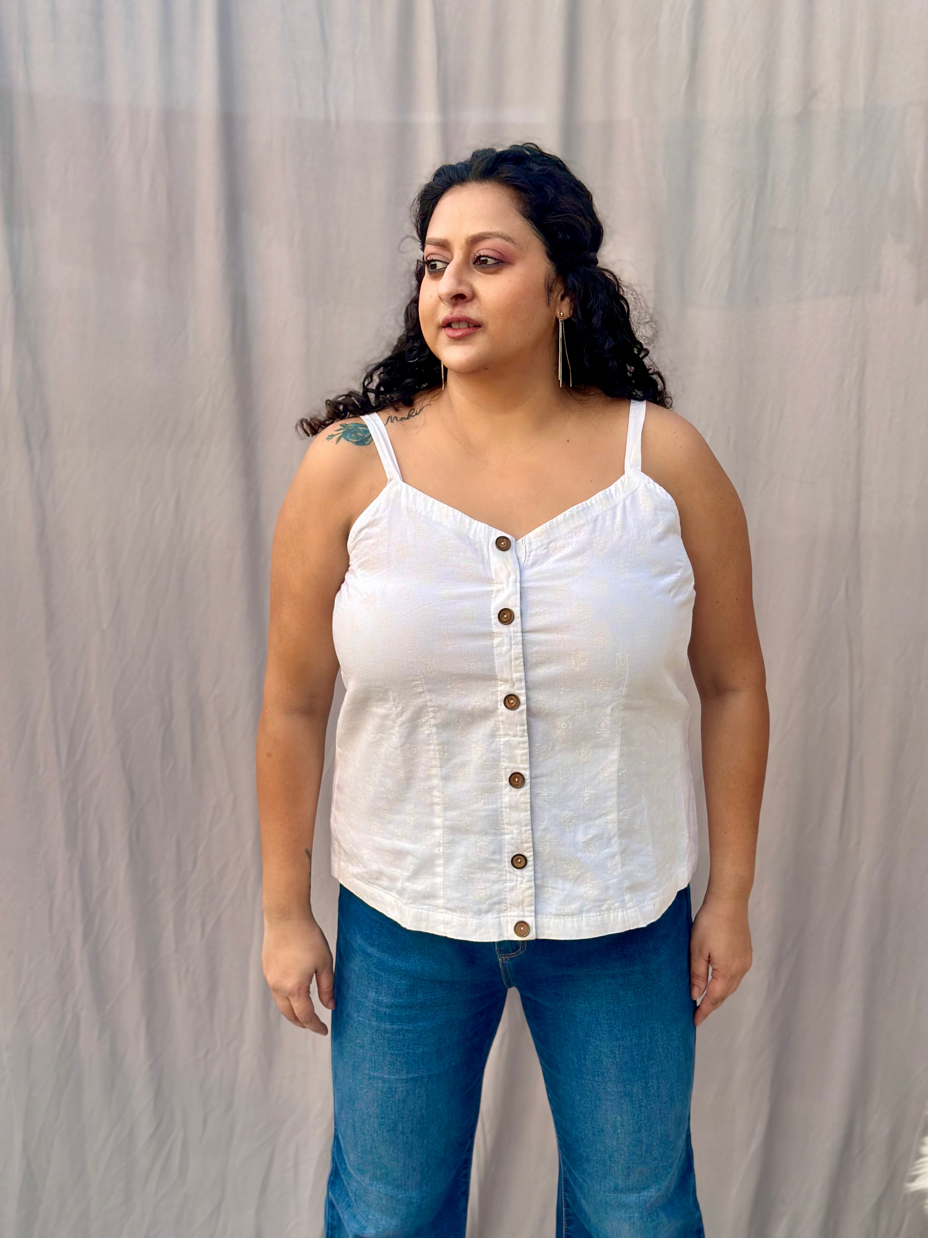 White Hand block Noodle Spaghetti Strap Cotton Top