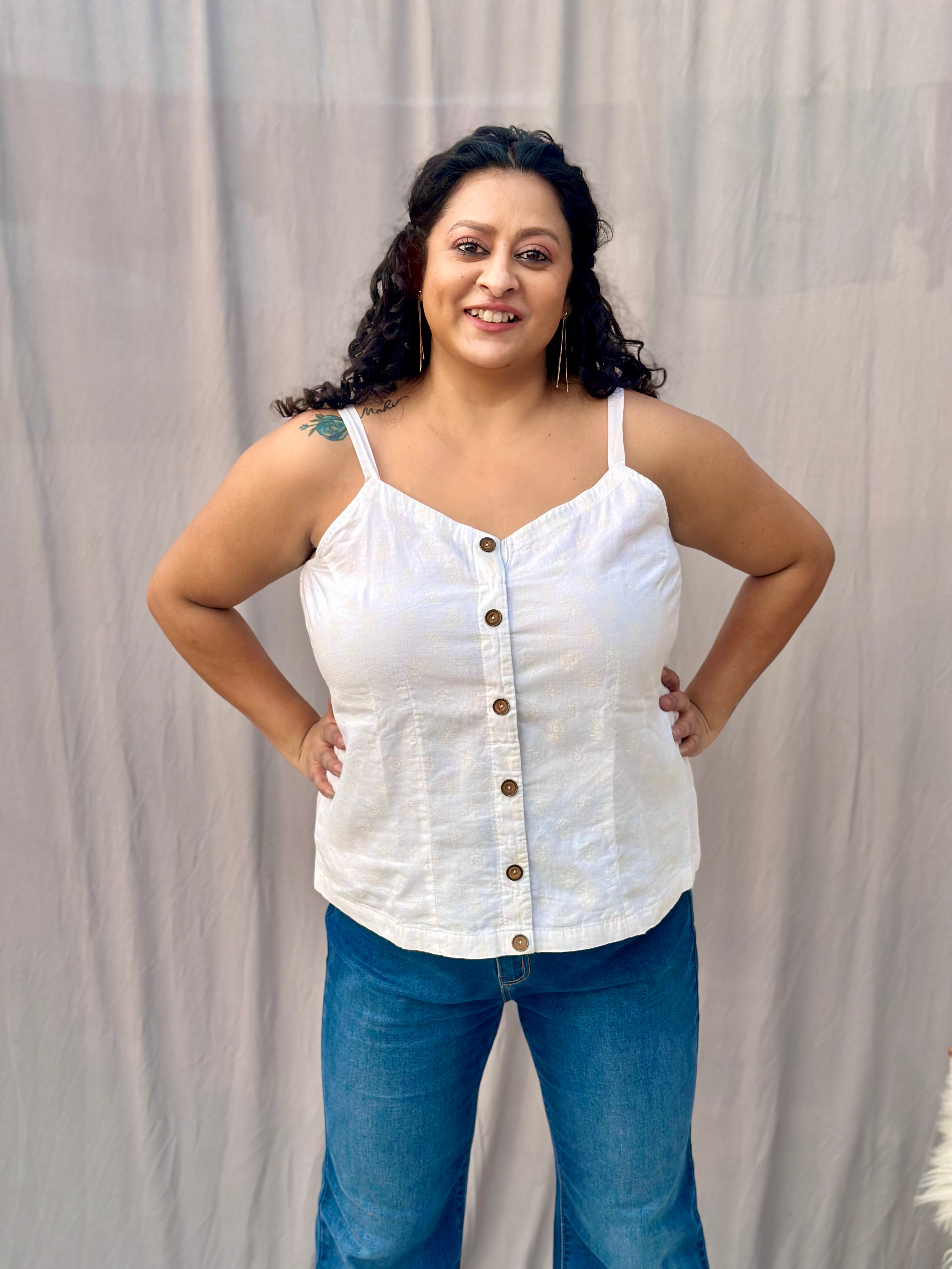 White Hand block Noodle Spaghetti Strap Cotton Top