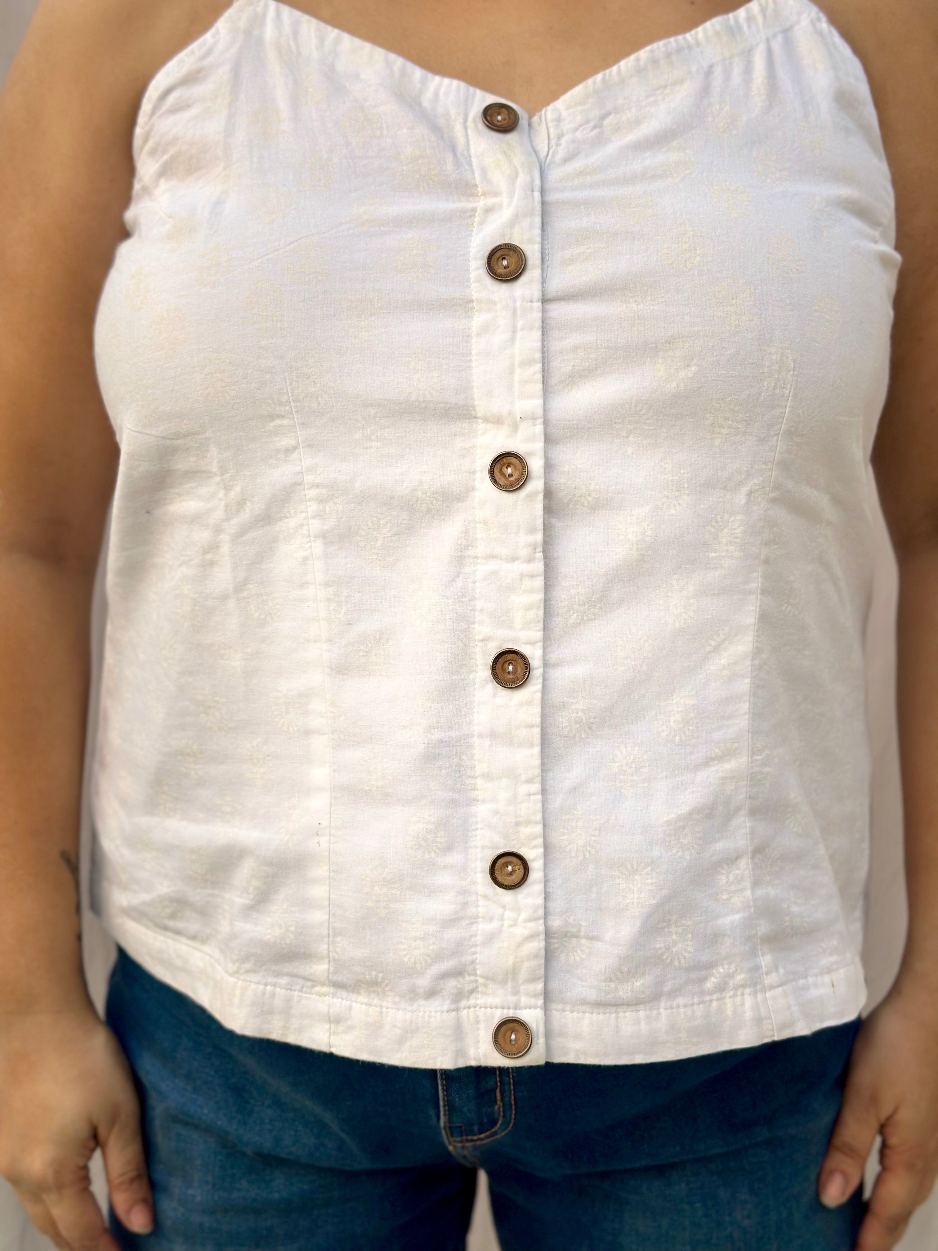 White Hand block Noodle Spaghetti Strap Cotton Top