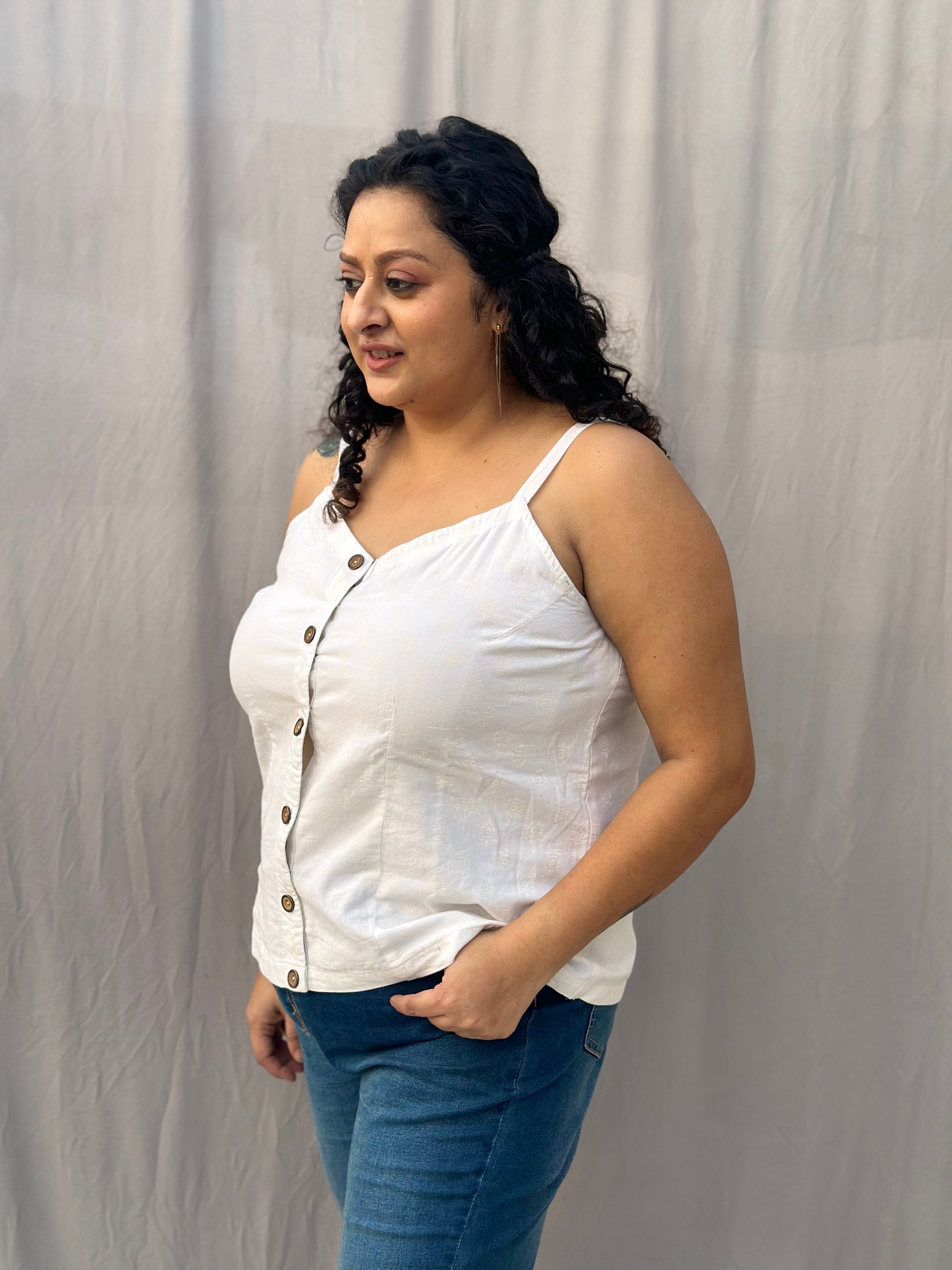 White Hand block Noodle Spaghetti Strap Cotton Top