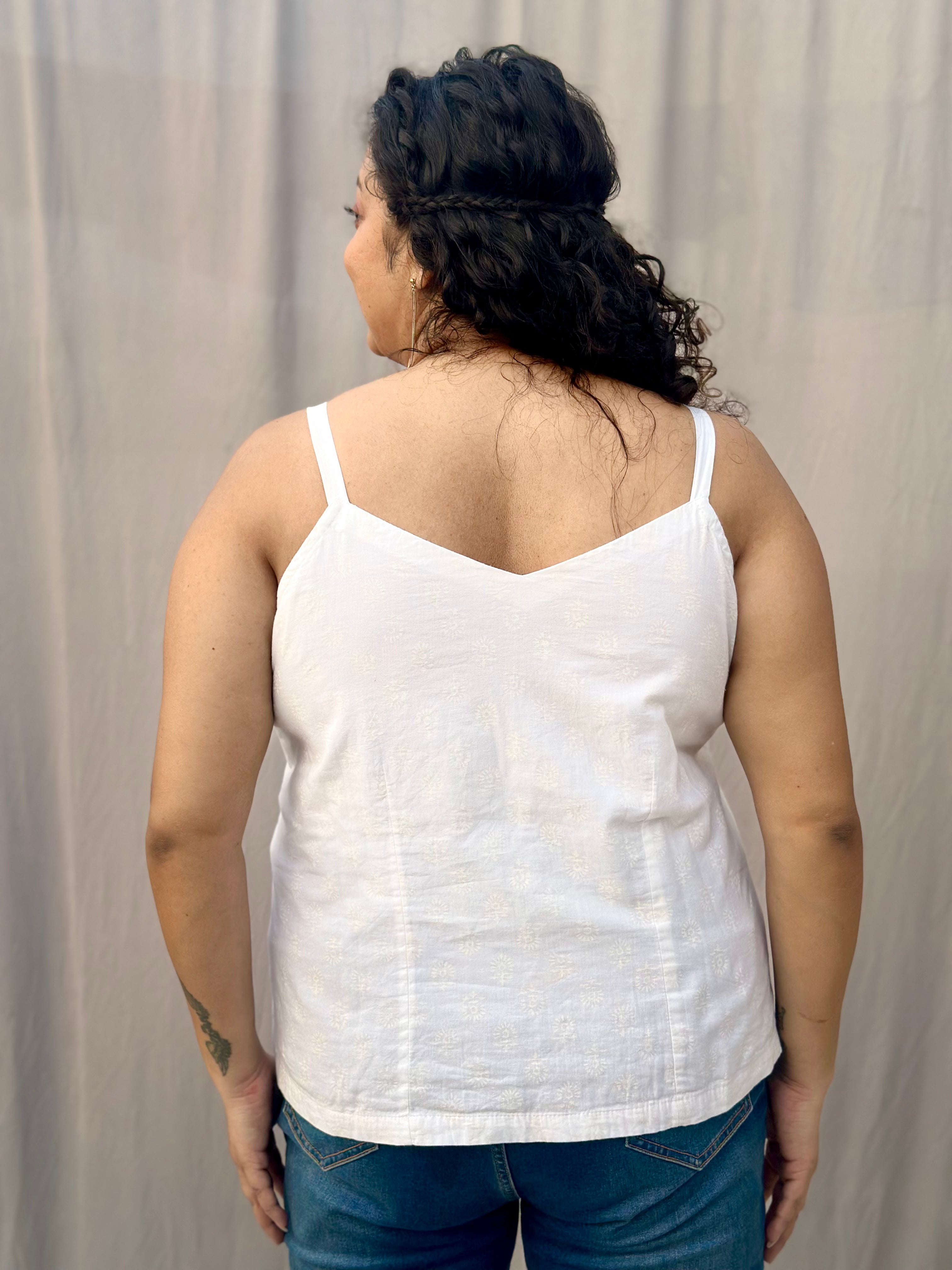 White Hand block Noodle Spaghetti Strap Cotton Top