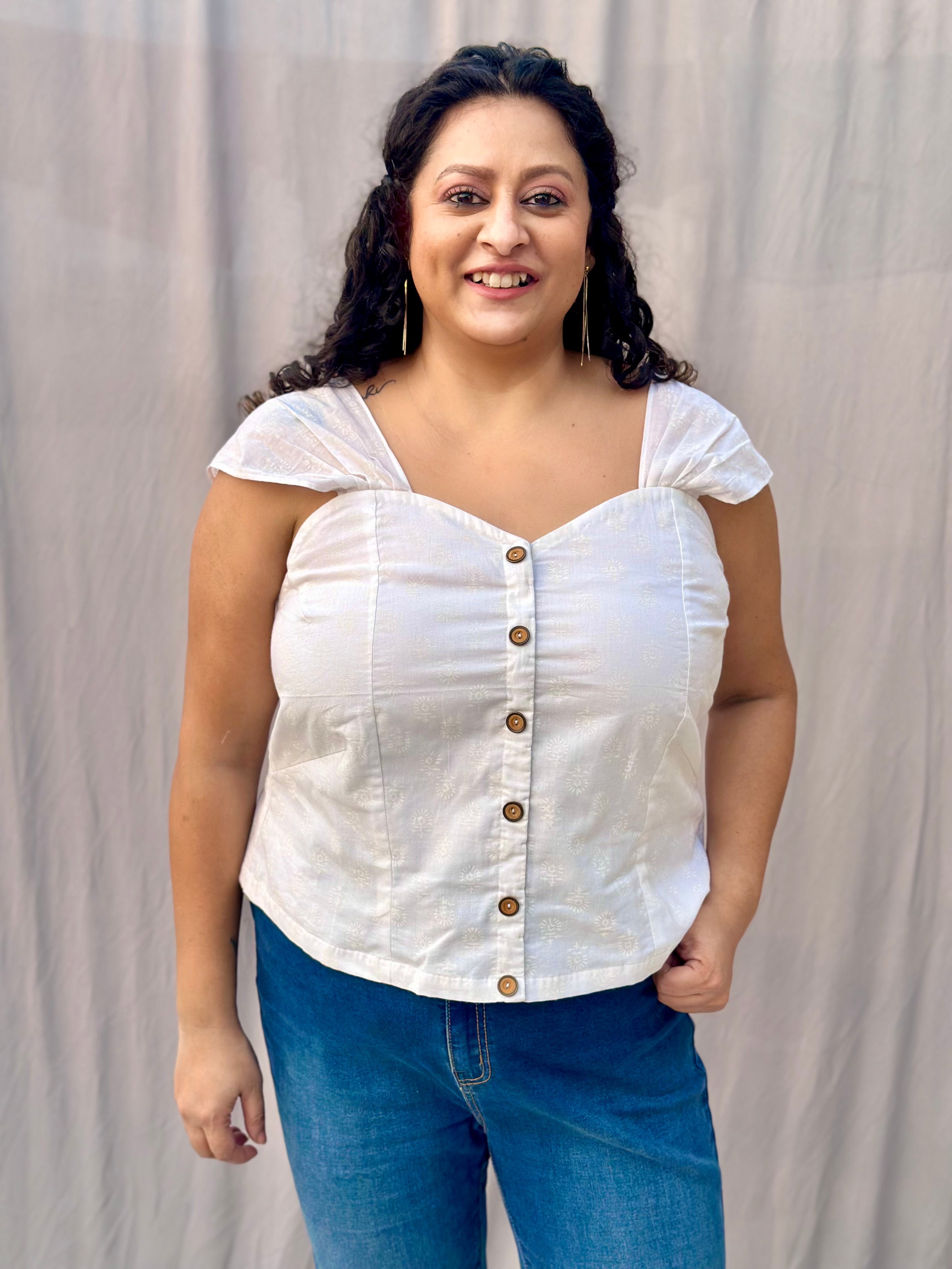 White handblock Queen Anne Strap cotton top