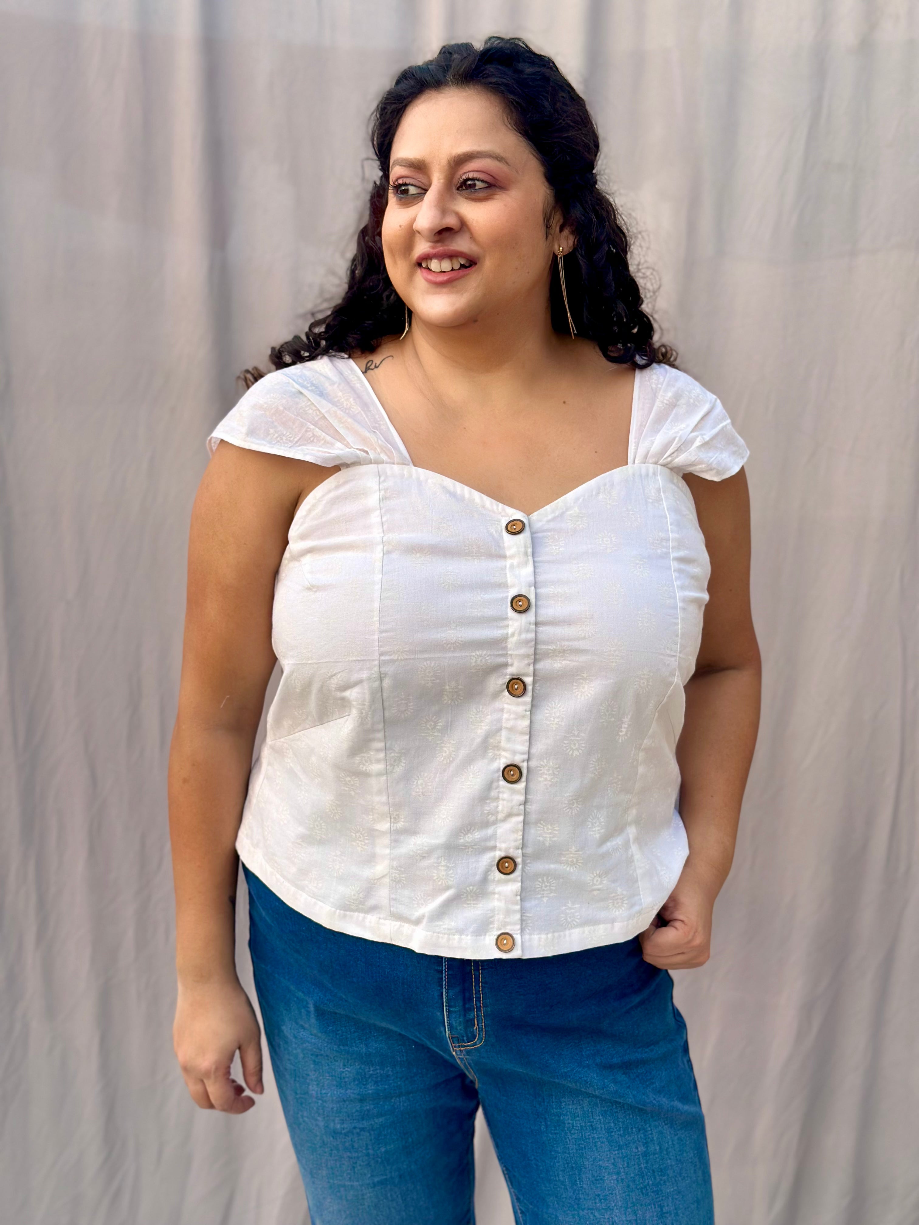 White handblock Queen Anne Strap cotton top