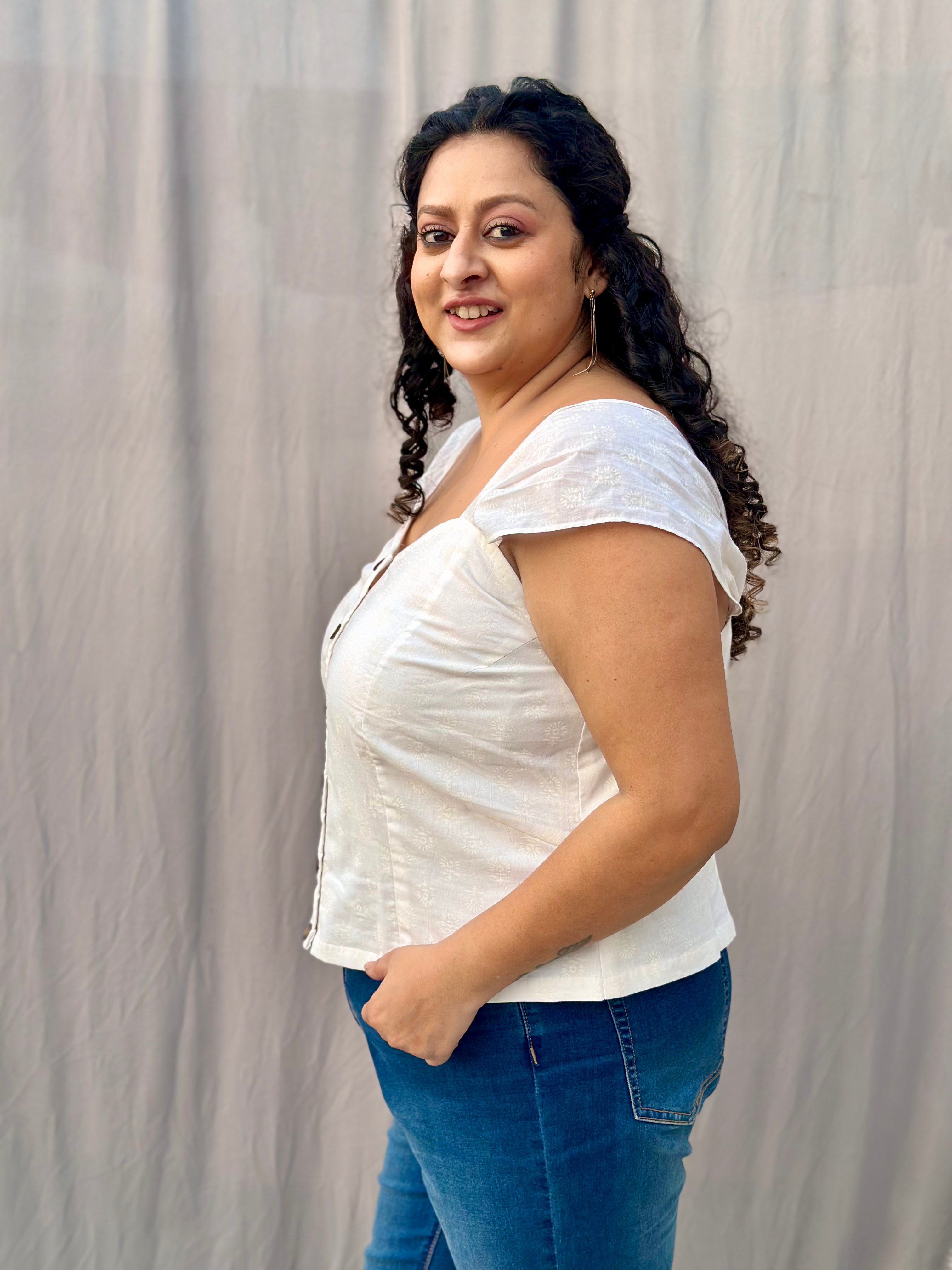 White handblock Queen Anne Strap cotton top