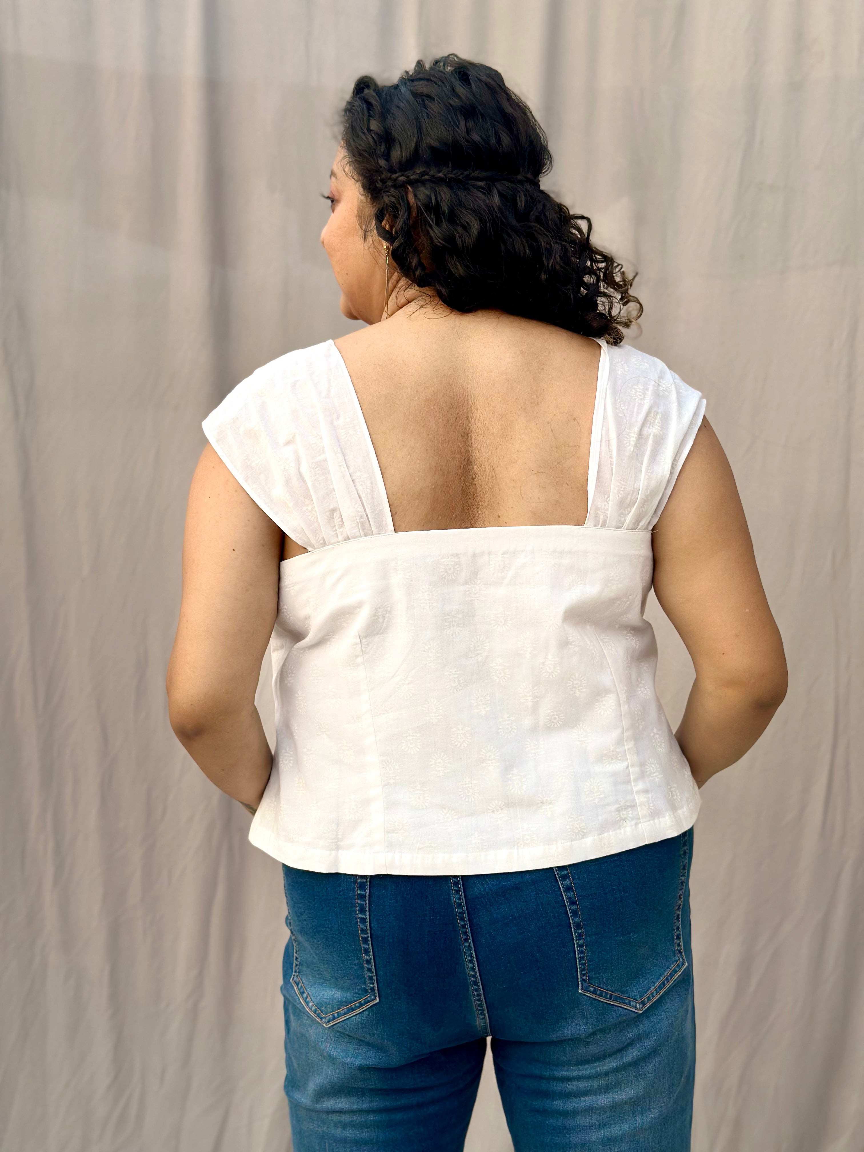 White handblock Queen Anne Strap cotton top