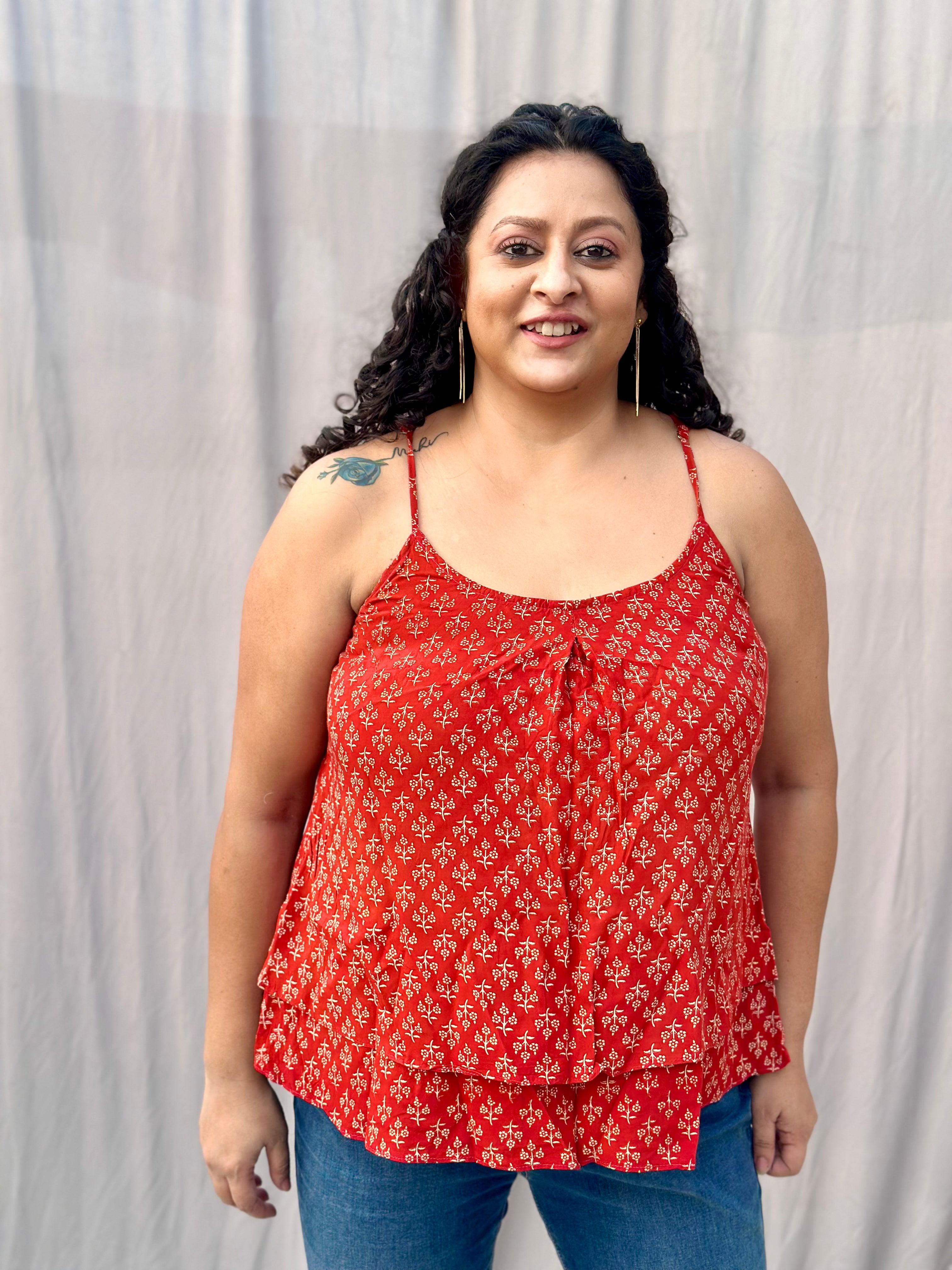 Red Bagru Booti Noodles Strap Modal Cotton Handblock Top