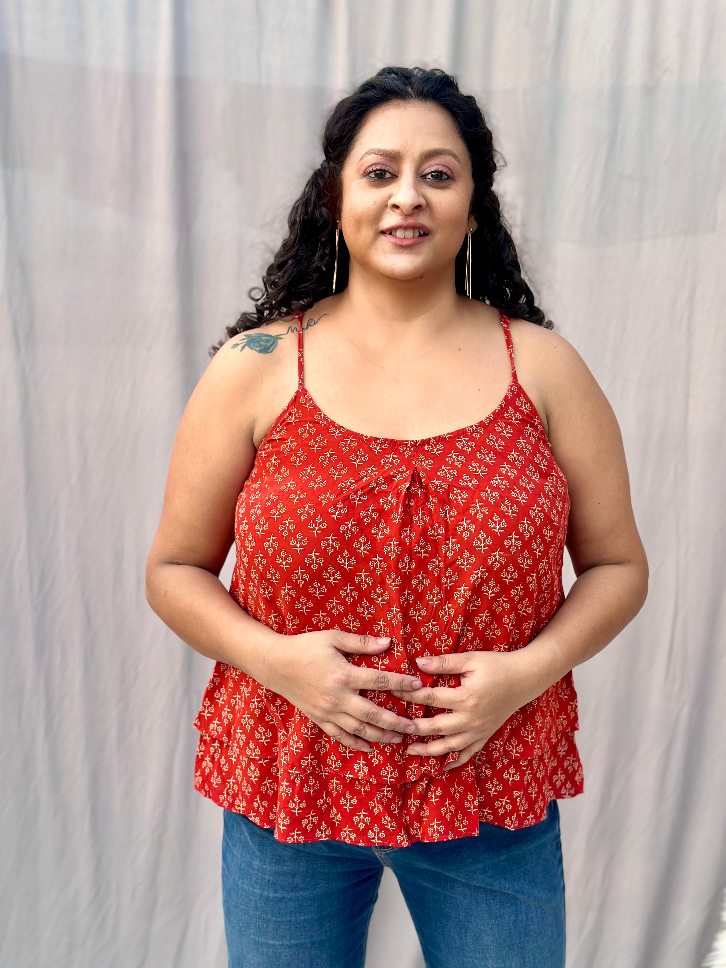 Red Bagru Booti Noodles Strap Modal Cotton Handblock Top