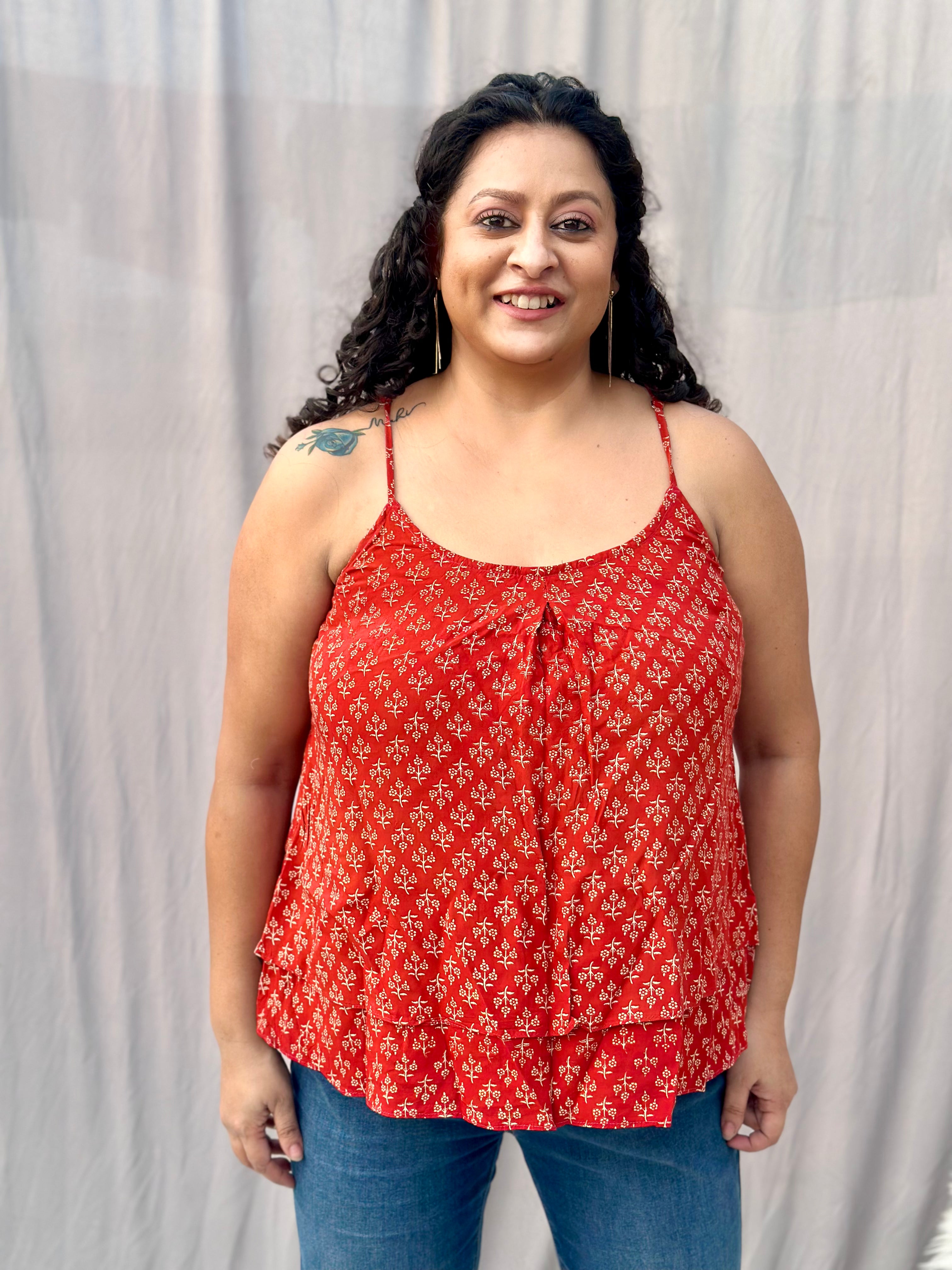 Red Bagru Booti Noodles Strap Modal Cotton Handblock Top