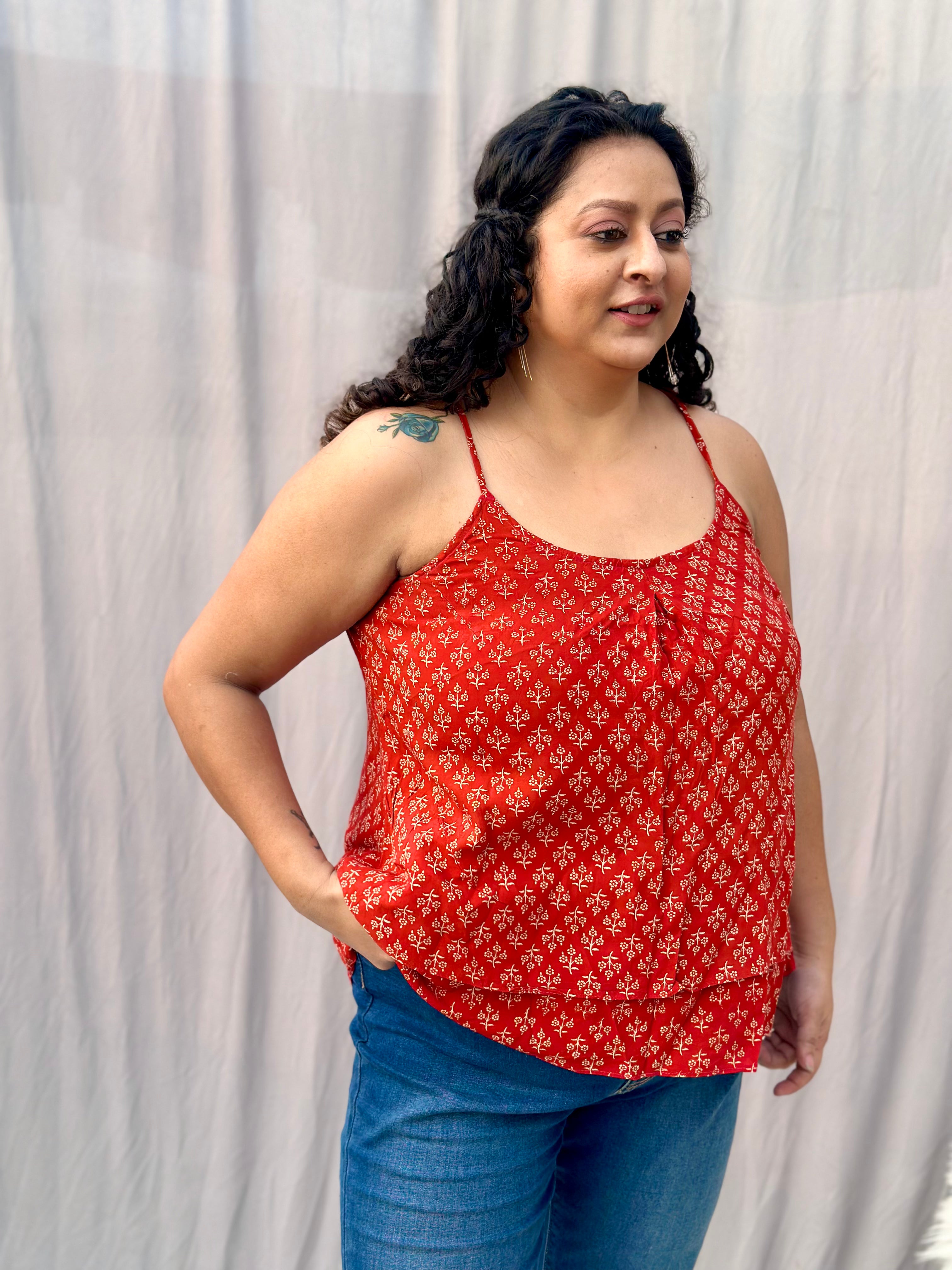 Red Bagru Booti Noodles Strap Modal Cotton Handblock Top