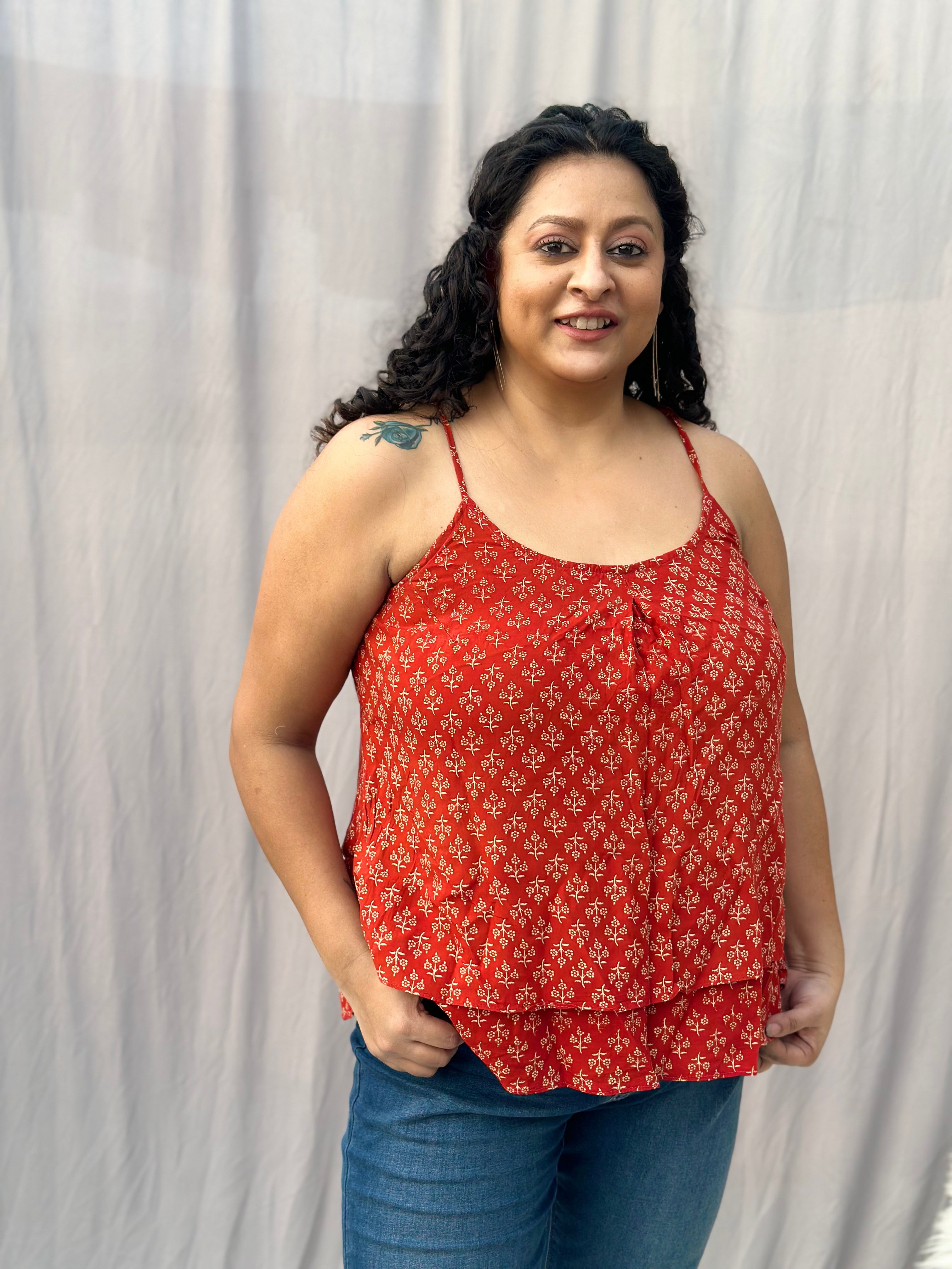 Red Bagru Booti Noodles Strap Modal Cotton Handblock Top