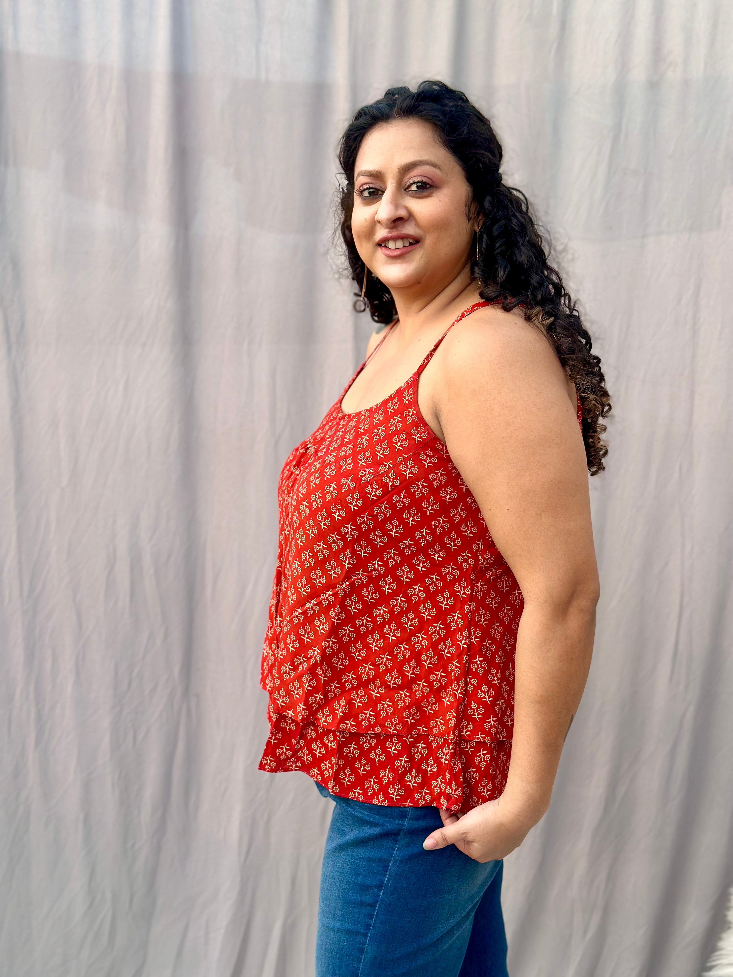 Red Bagru Booti Noodles Strap Modal Cotton Handblock Top