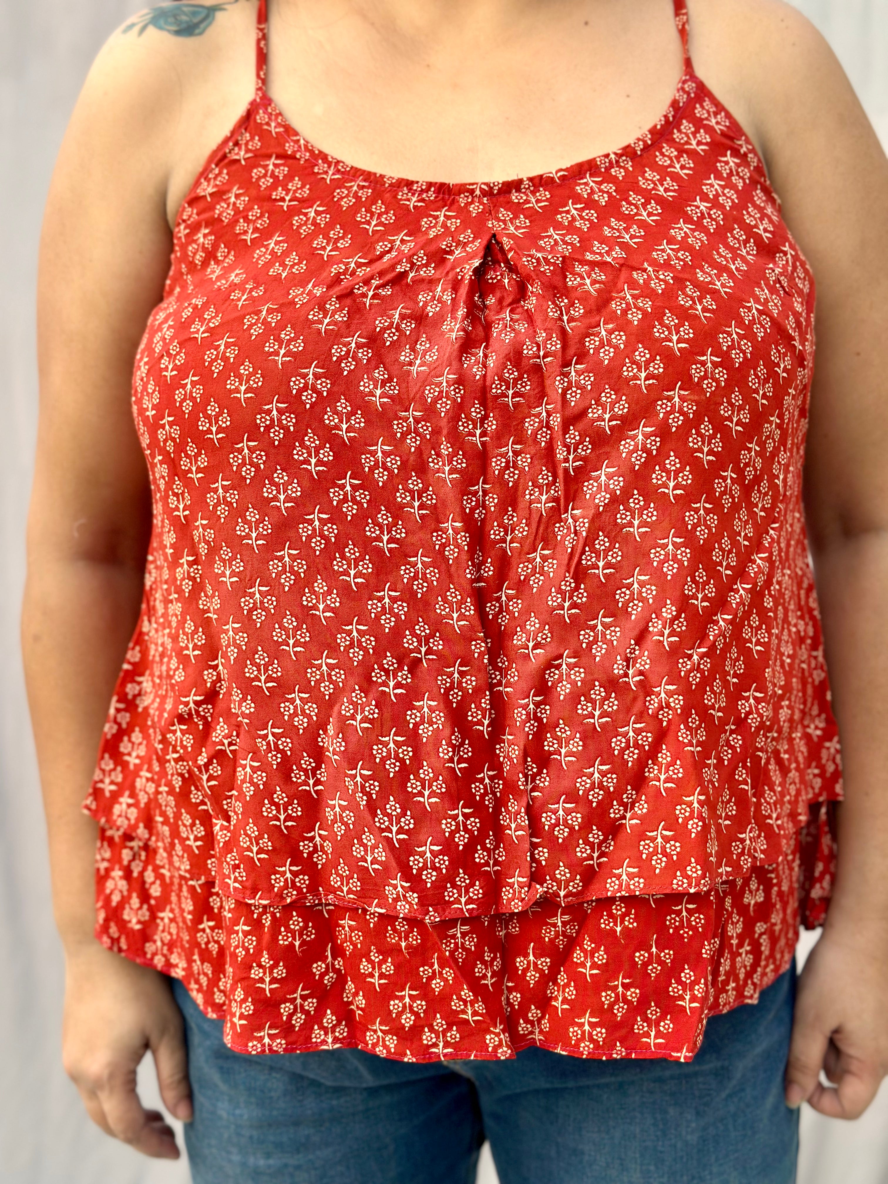 Red Bagru Booti Noodles Strap Modal Cotton Handblock Top