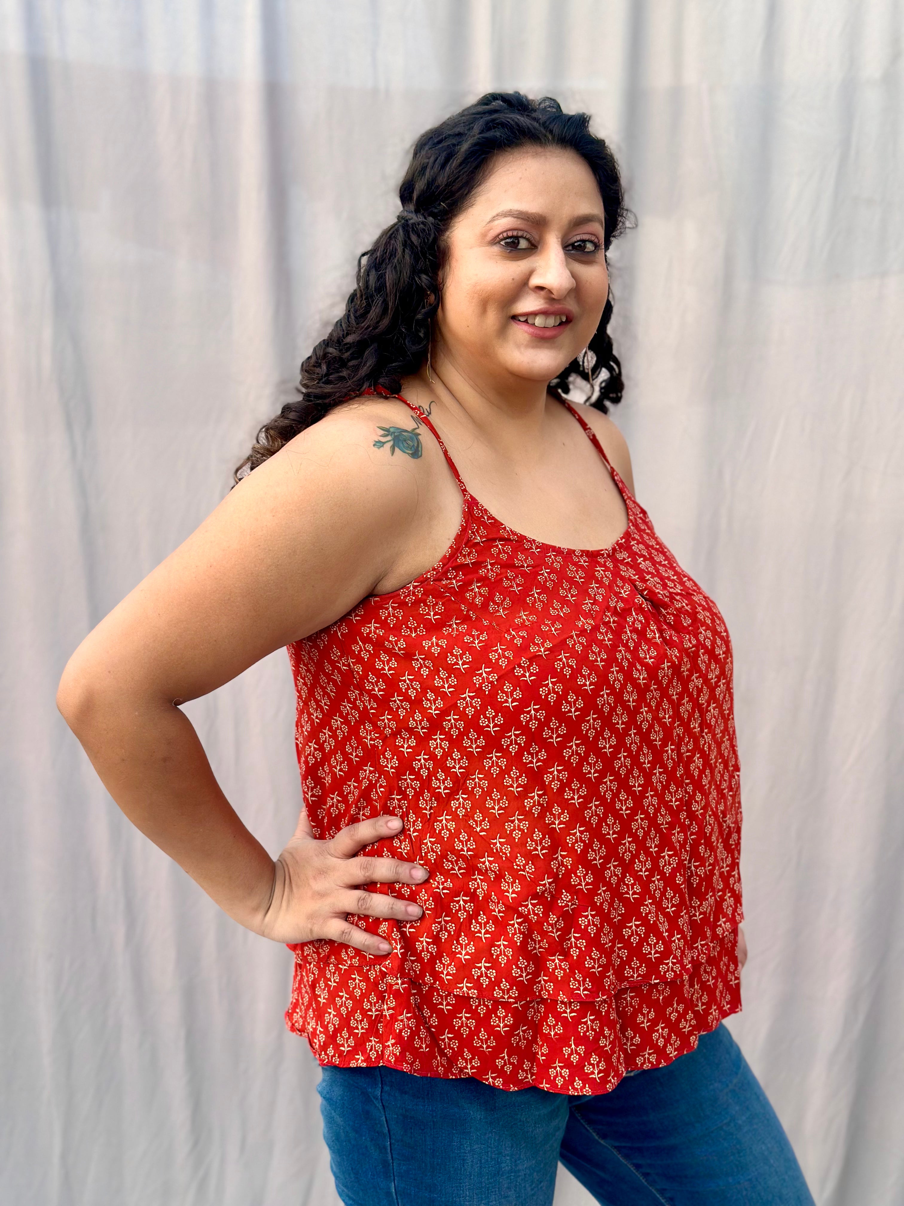 Red Bagru Booti Noodles Strap Modal Cotton Handblock Top