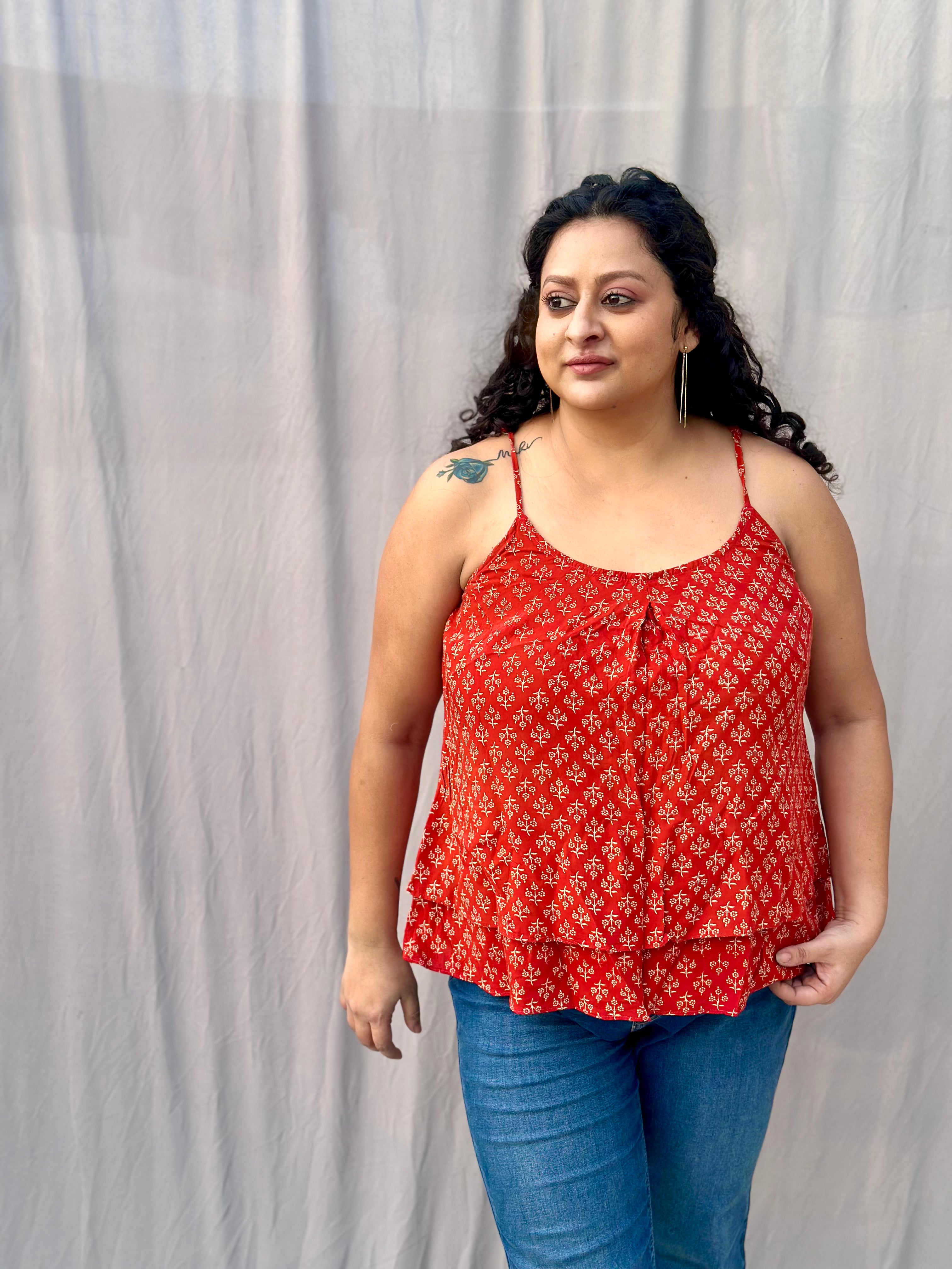 Red Bagru Booti Noodles Strap Modal Cotton Handblock Top