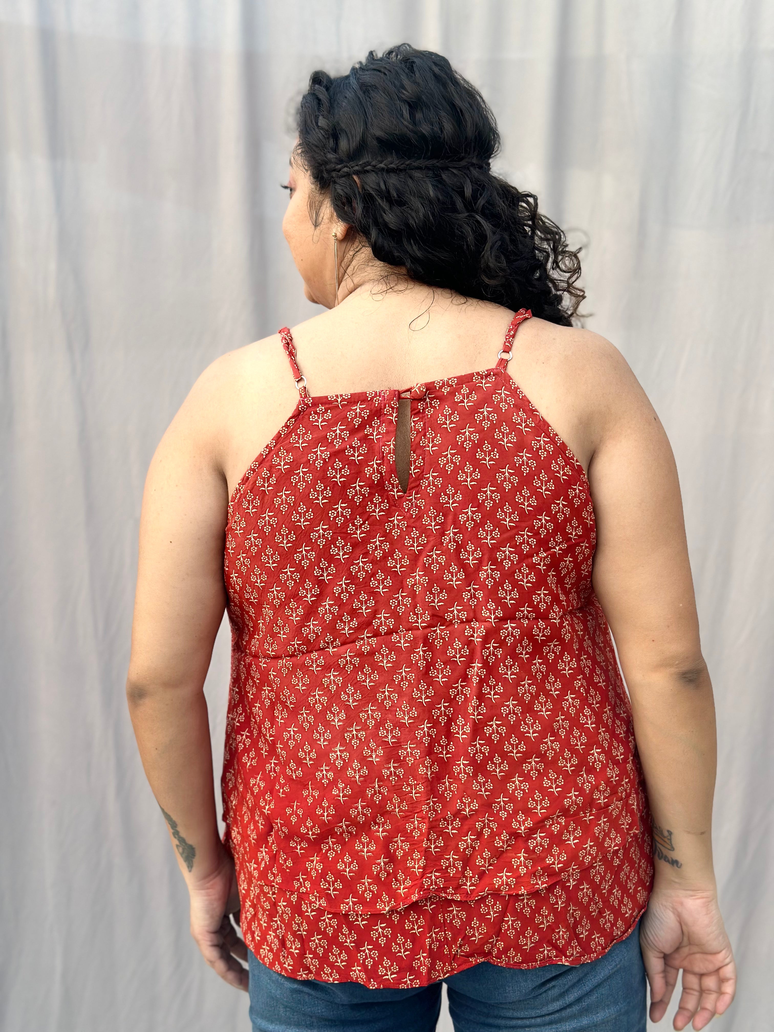 Red Bagru Booti Noodles Strap Modal Cotton Handblock Top