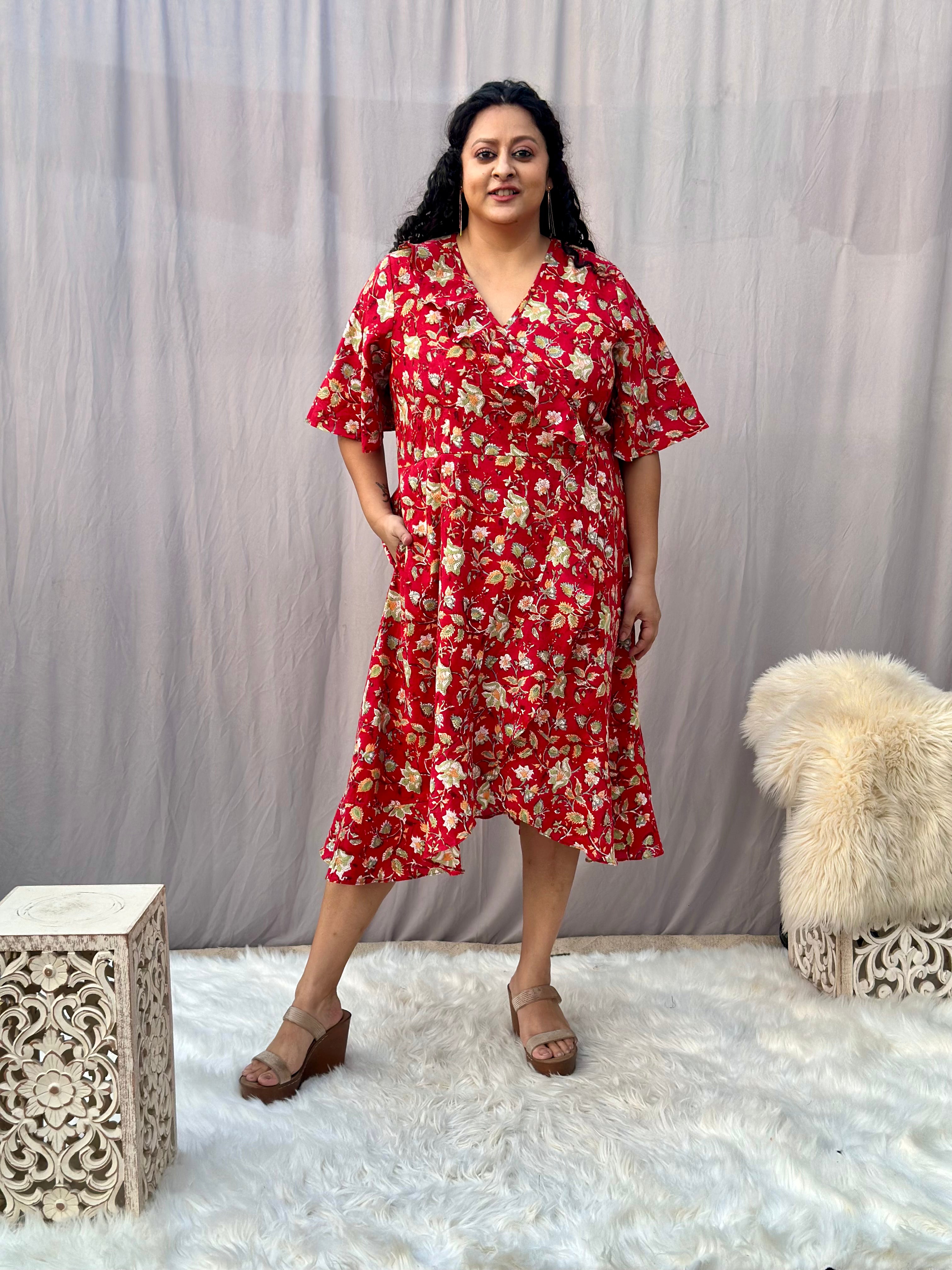 Red Sanganeri Handblock Print Wrap Style Dress