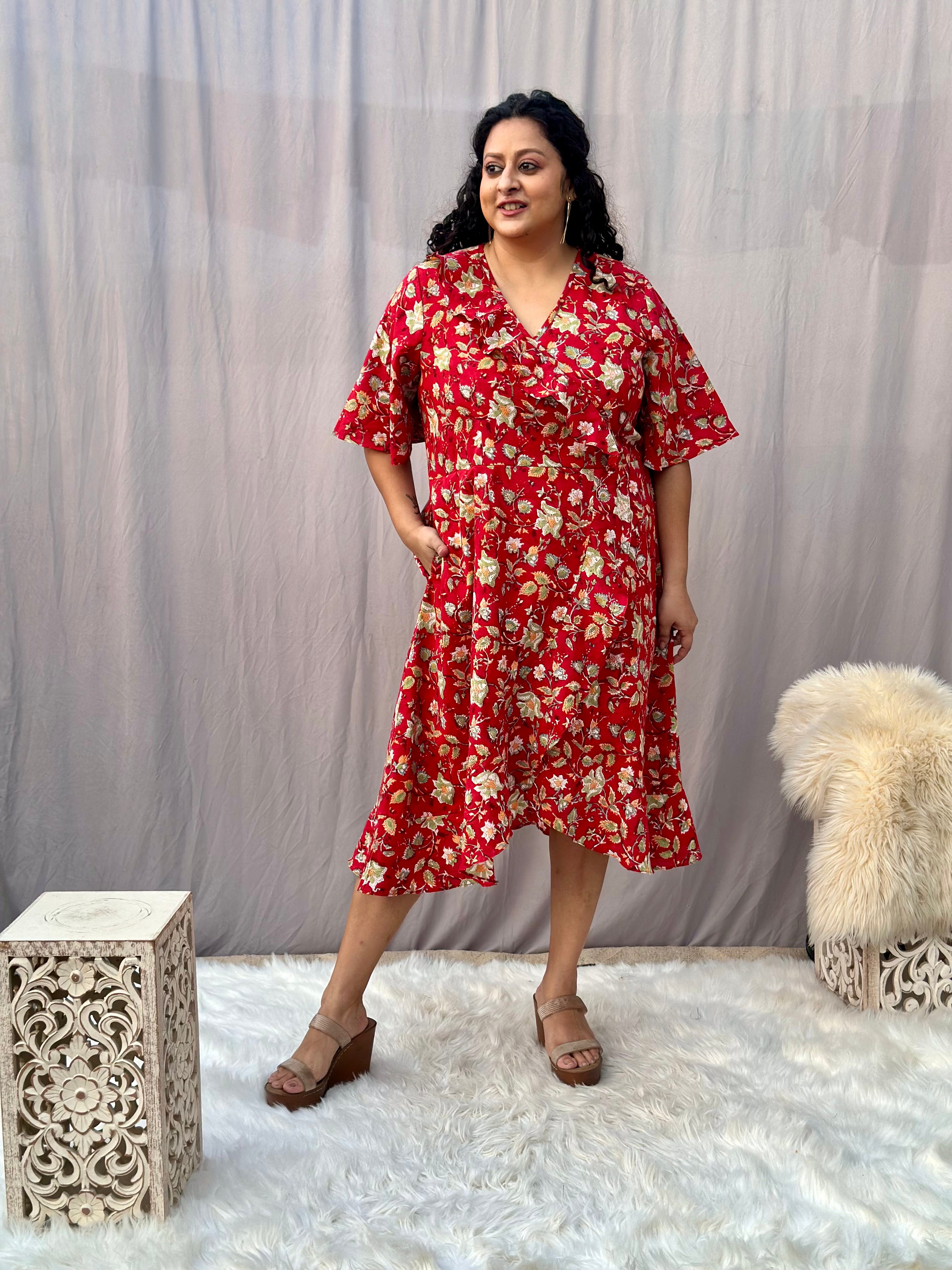 Red Sanganeri Handblock Print Wrap Style Dress
