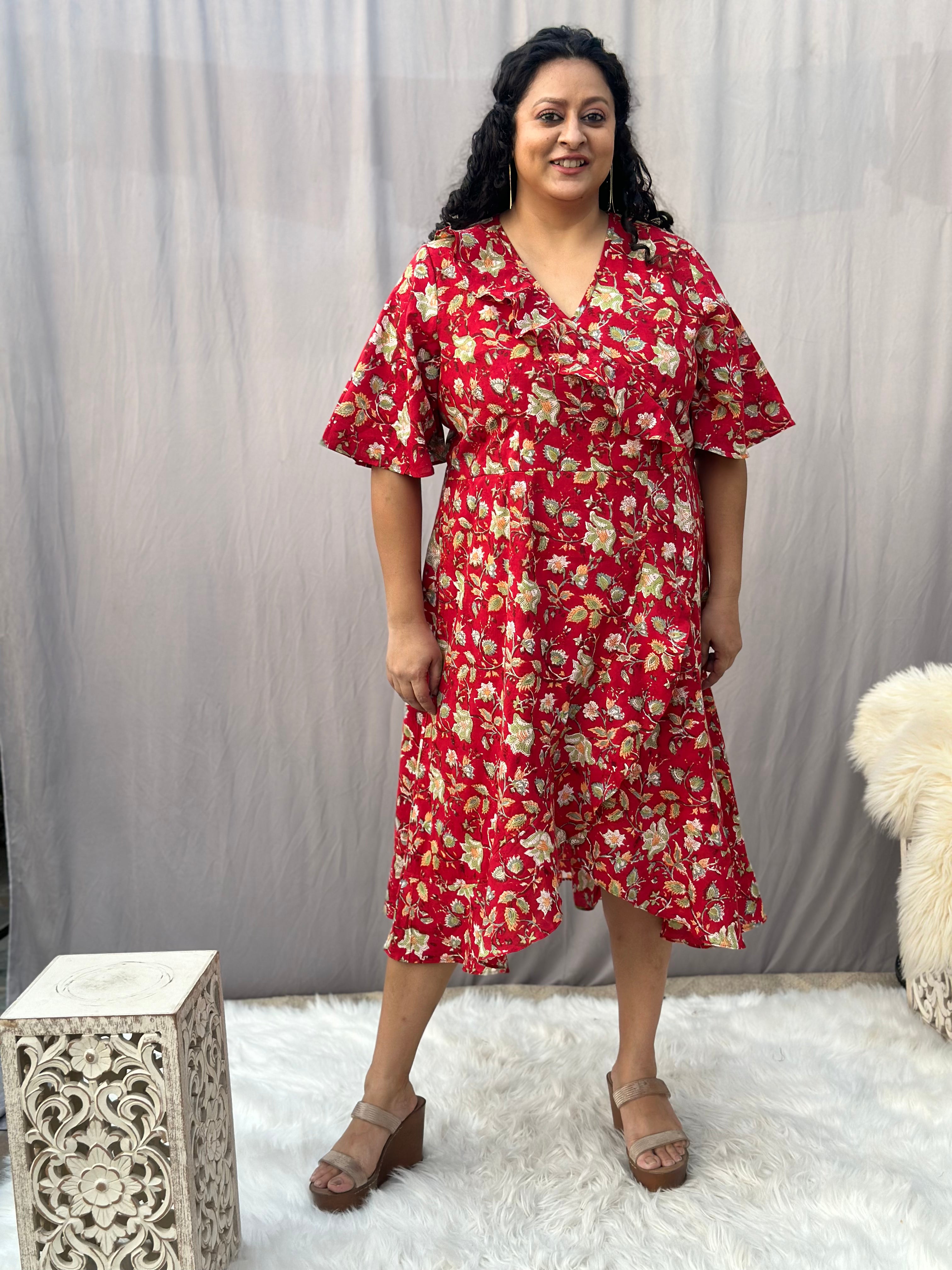 Red Sanganeri Handblock Print Wrap Style Dress