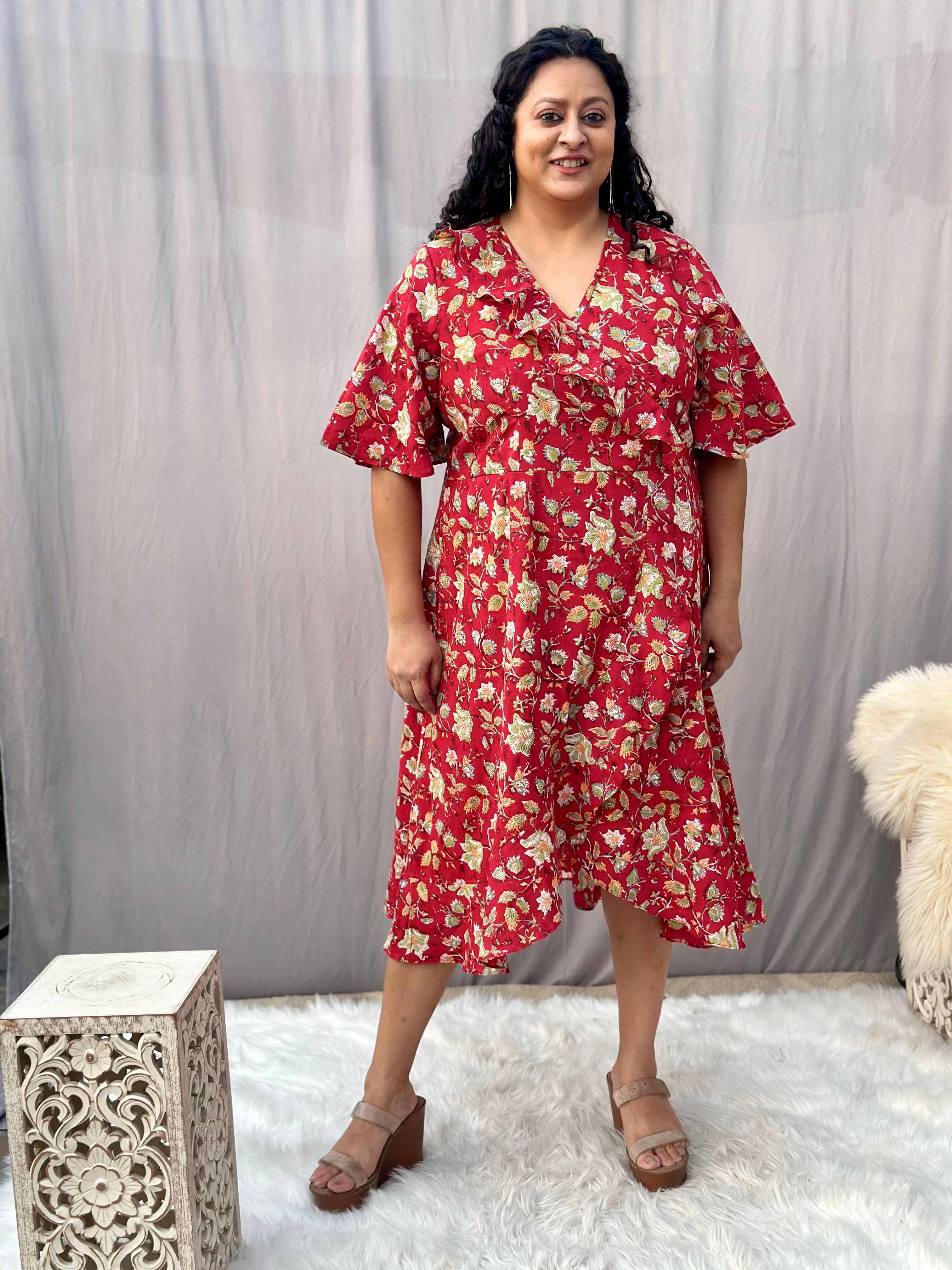 Red Sanganeri Handblock Print Wrap Style Dress