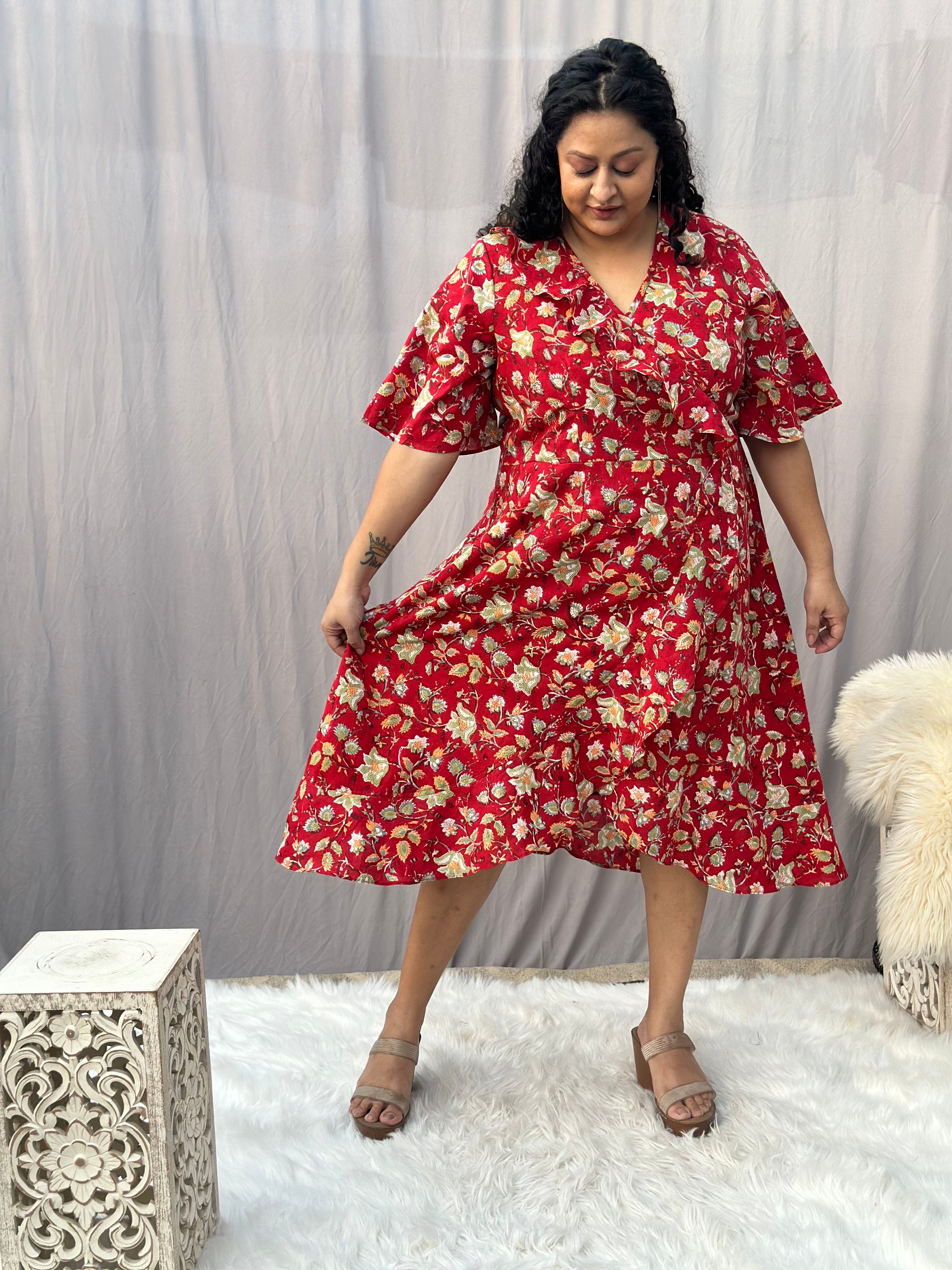 Red Sanganeri Handblock Print Wrap Style Dress