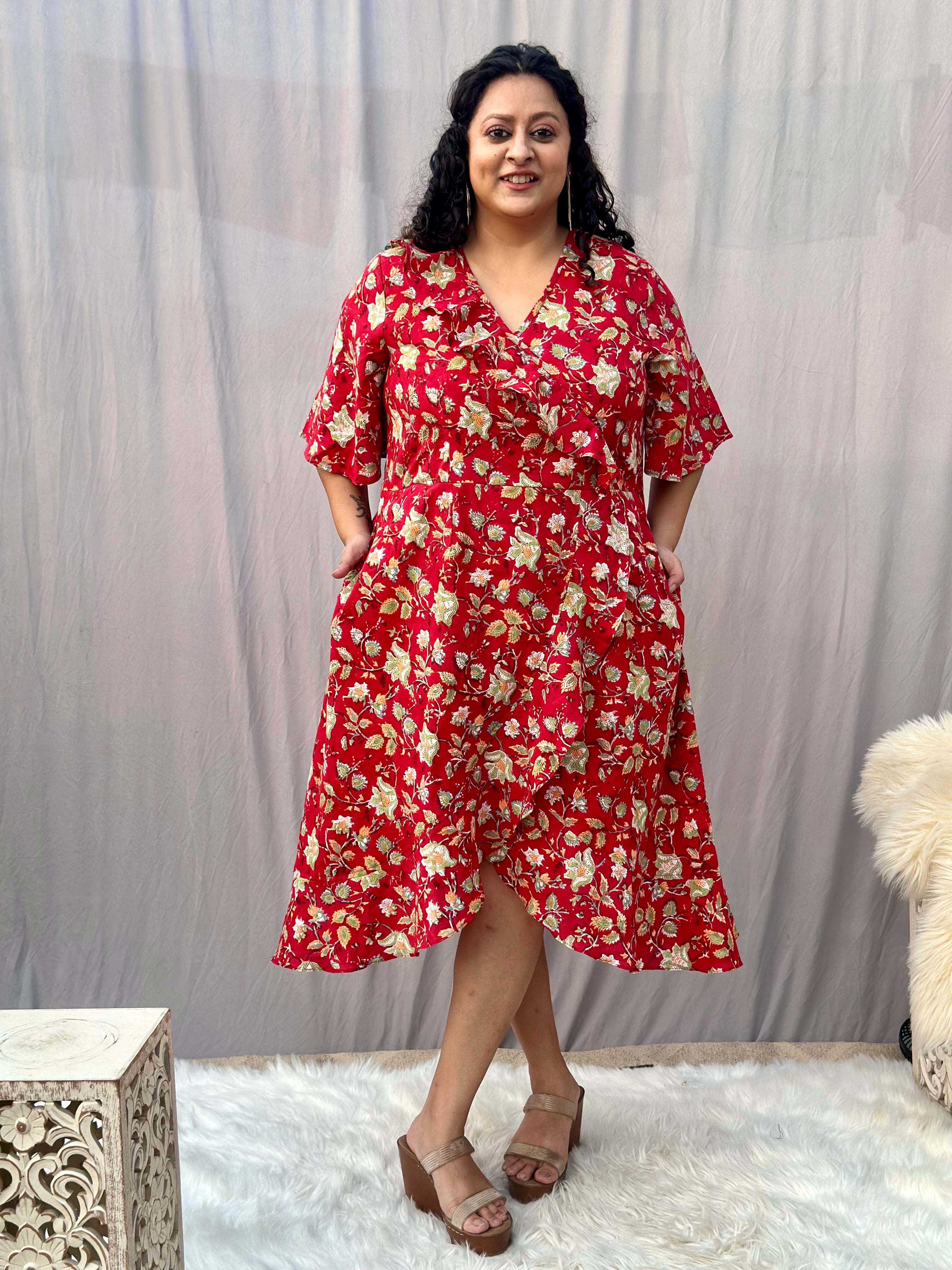 Red Sanganeri Handblock Print Wrap Style Dress