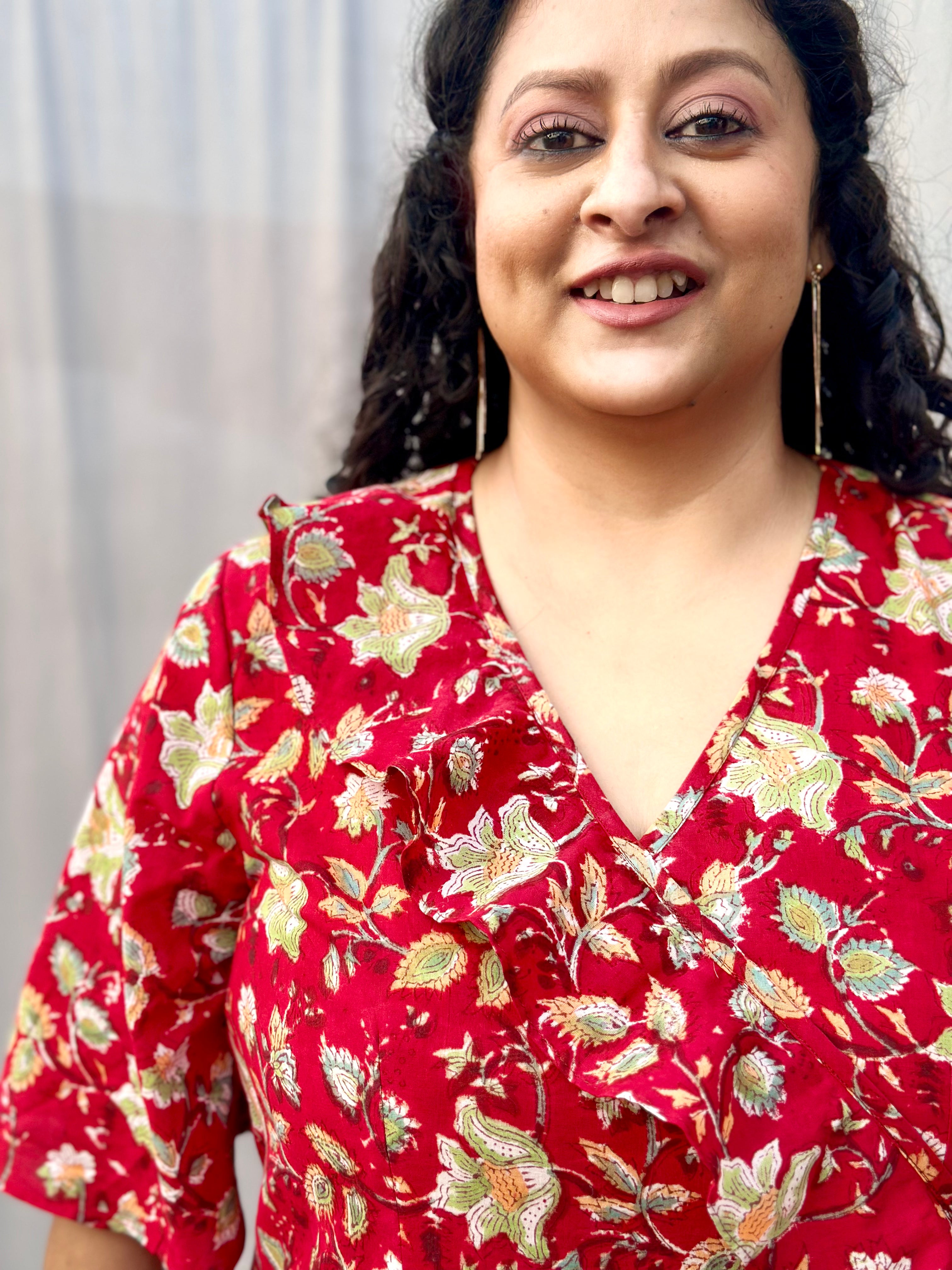 Red Sanganeri Handblock Print Wrap Style Dress
